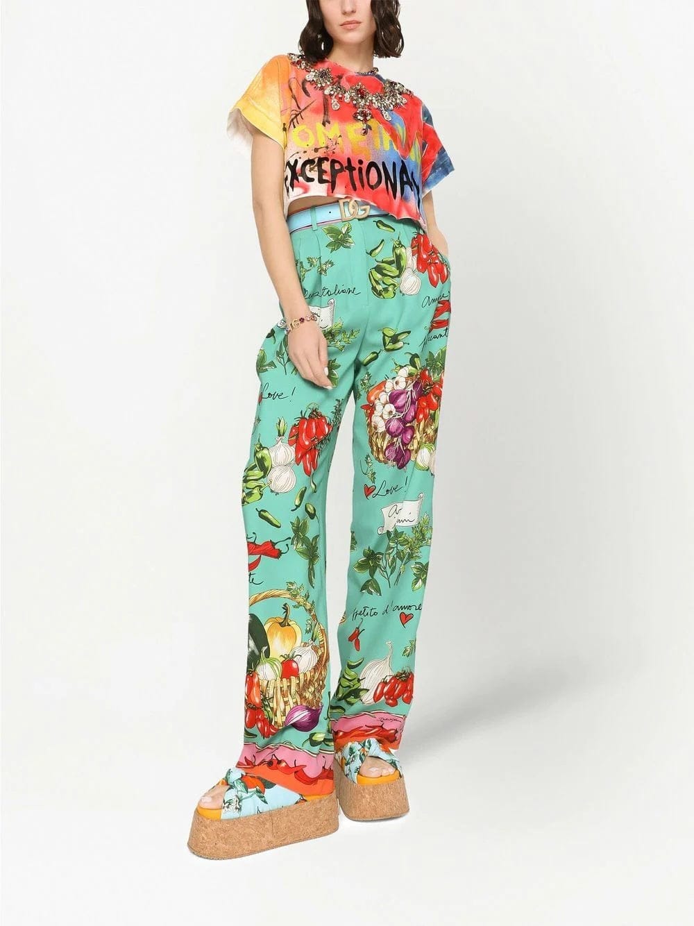 Dolce & Gabbana Graffiti-Print Necklace-Embellished Cropped T-Shirt
