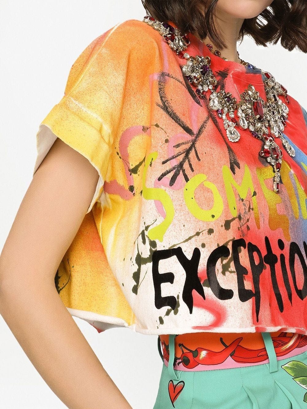 Dolce & Gabbana Graffiti-Print Necklace-Embellished Cropped T-Shirt