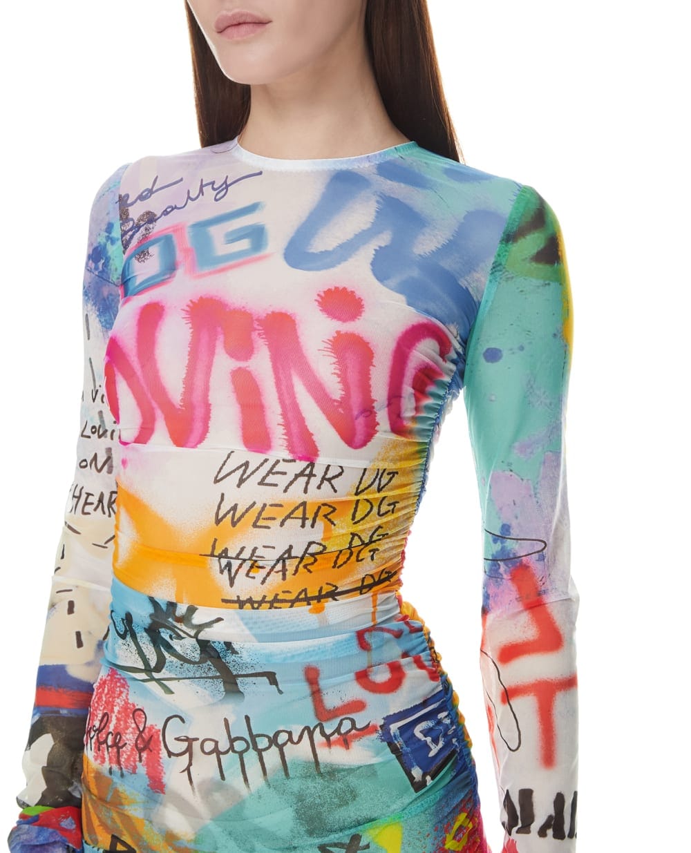 Dolce & Gabbana Graffiti-Print Ruched Tulle Midi Dress