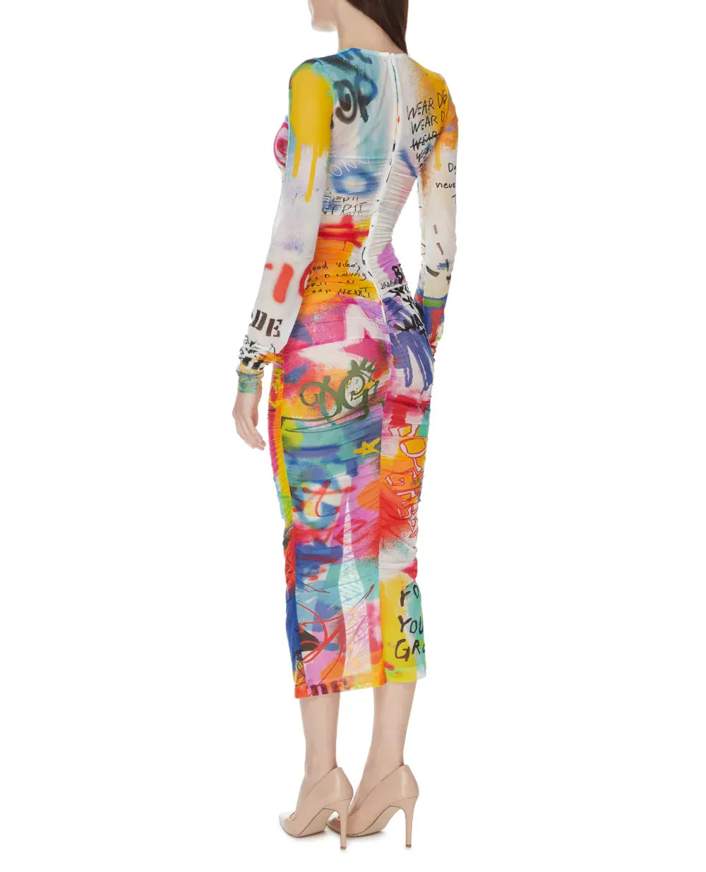 Dolce & Gabbana Graffiti-Print Ruched Tulle Midi Dress