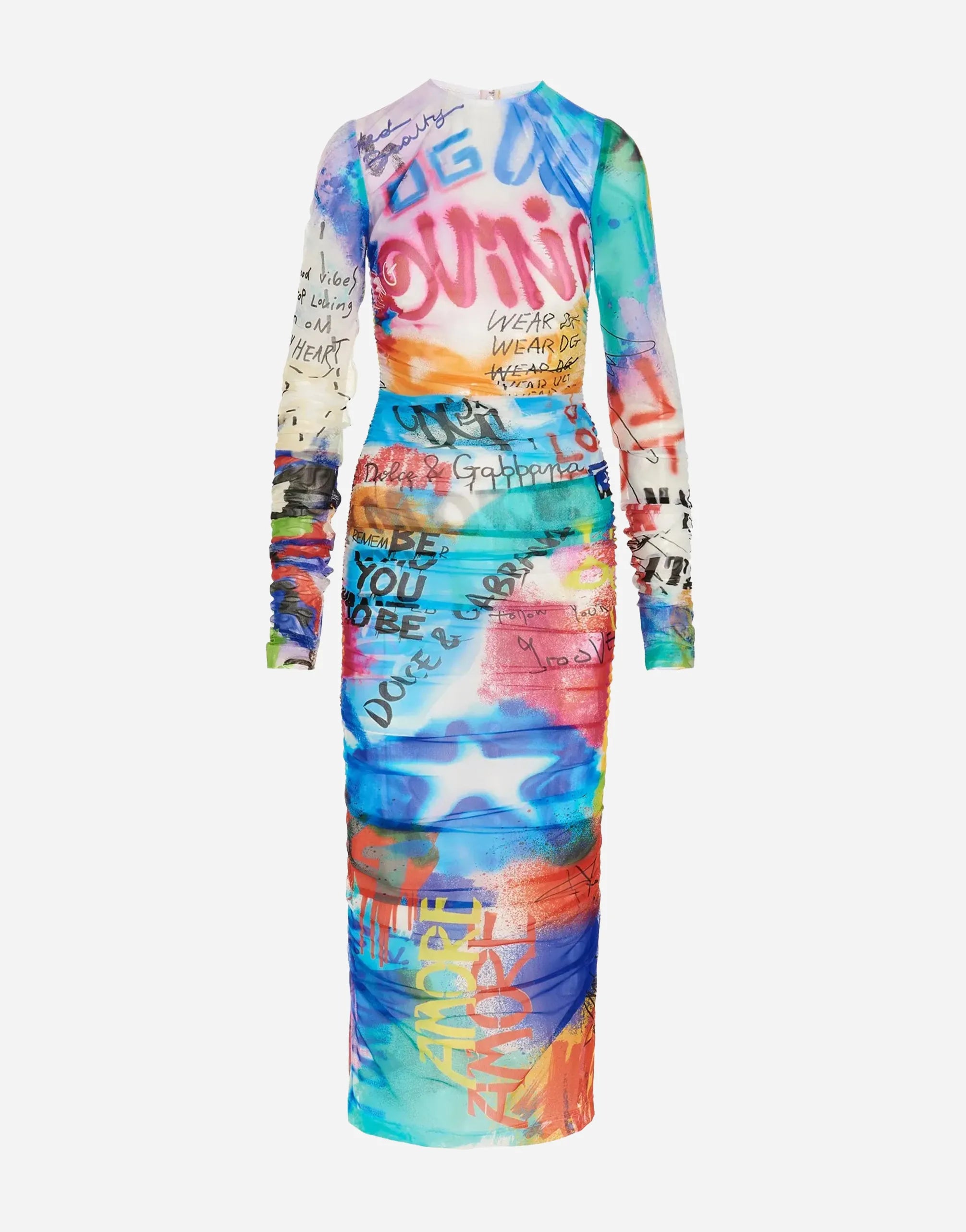 Dolce & Gabbana Graffiti-Print Ruched Tulle Midi Dress