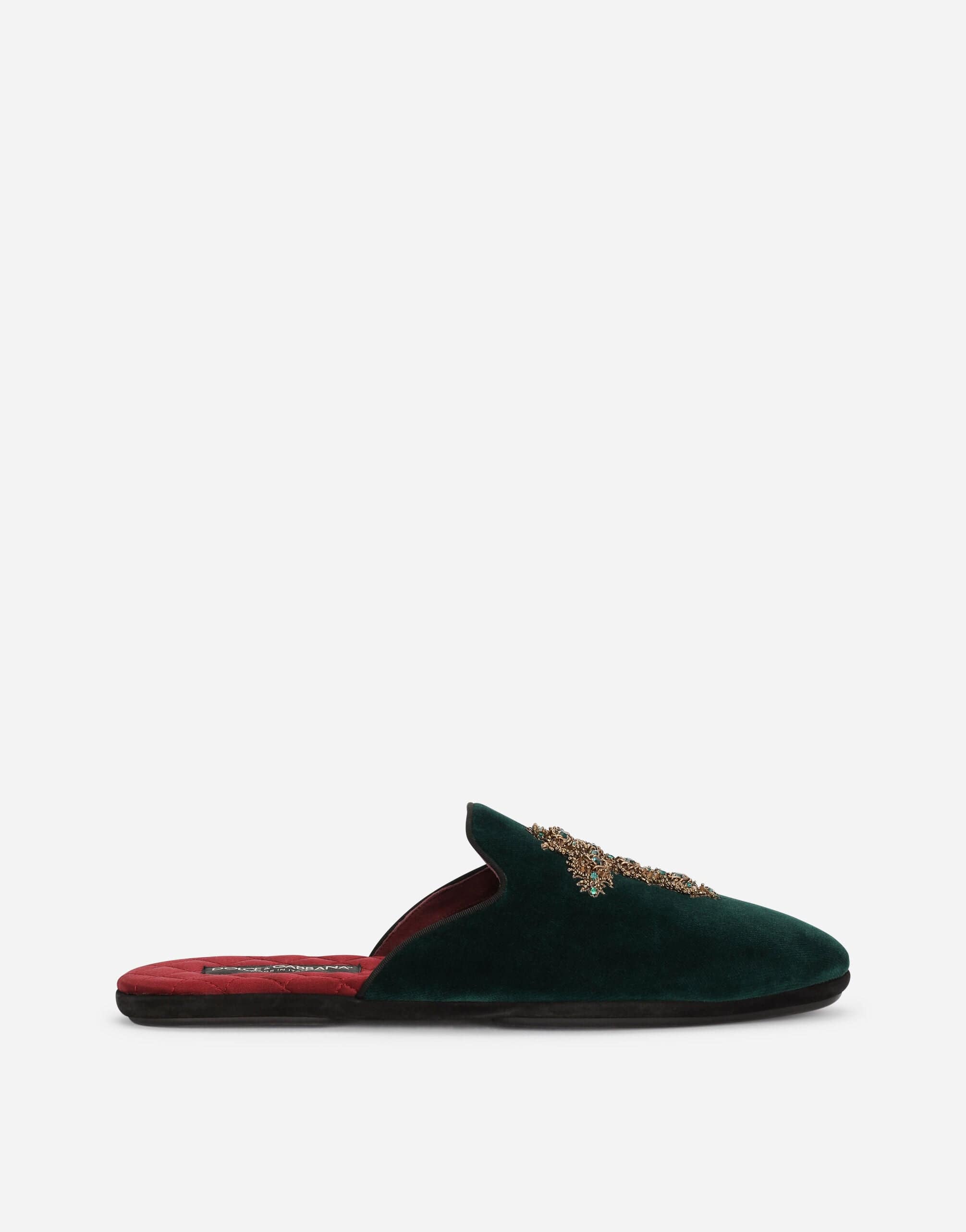 Dolce & Gabbana Green Cross Embroidery Velvet Slippers
