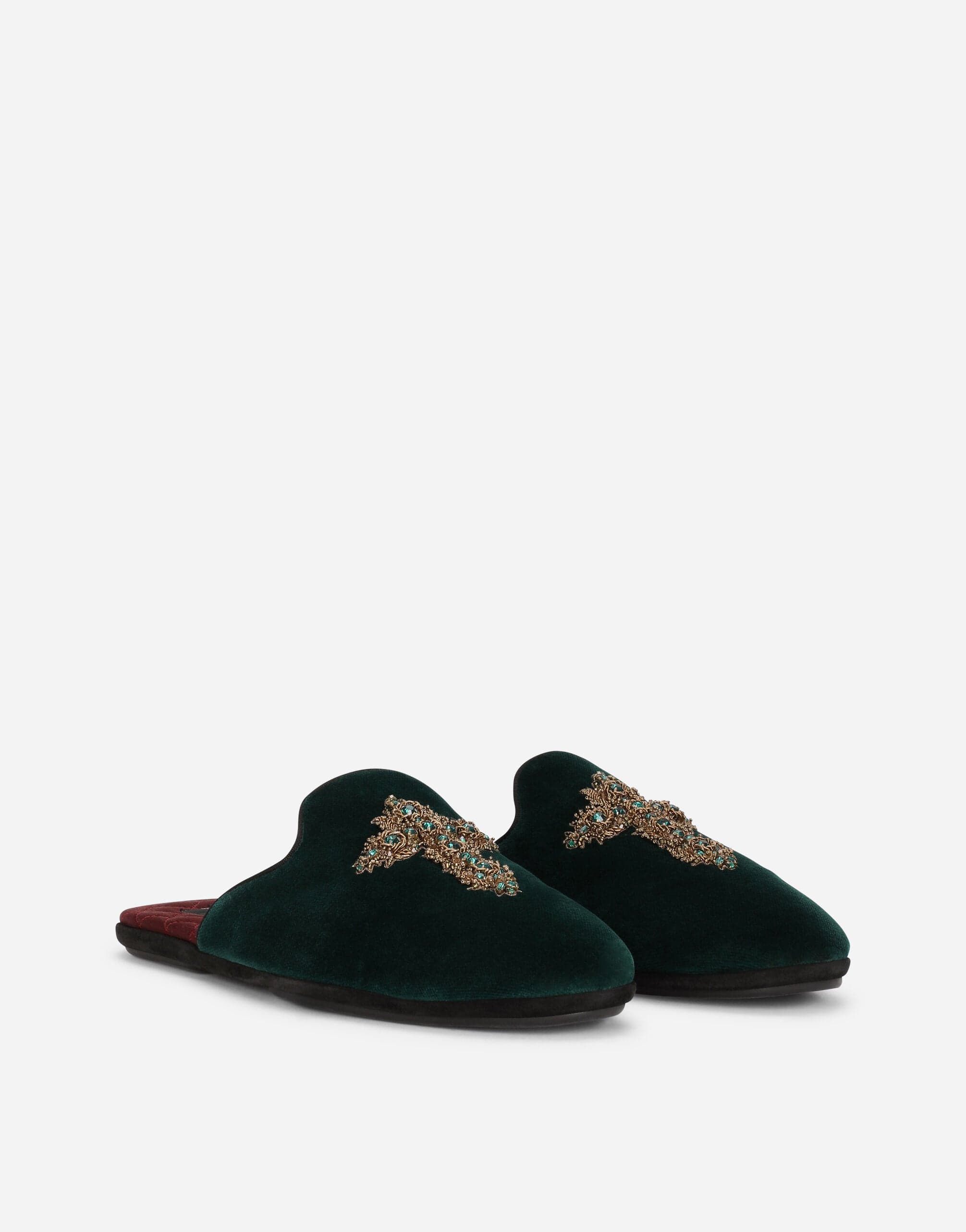 Dolce & Gabbana Green Cross Embroidery Velvet Slippers