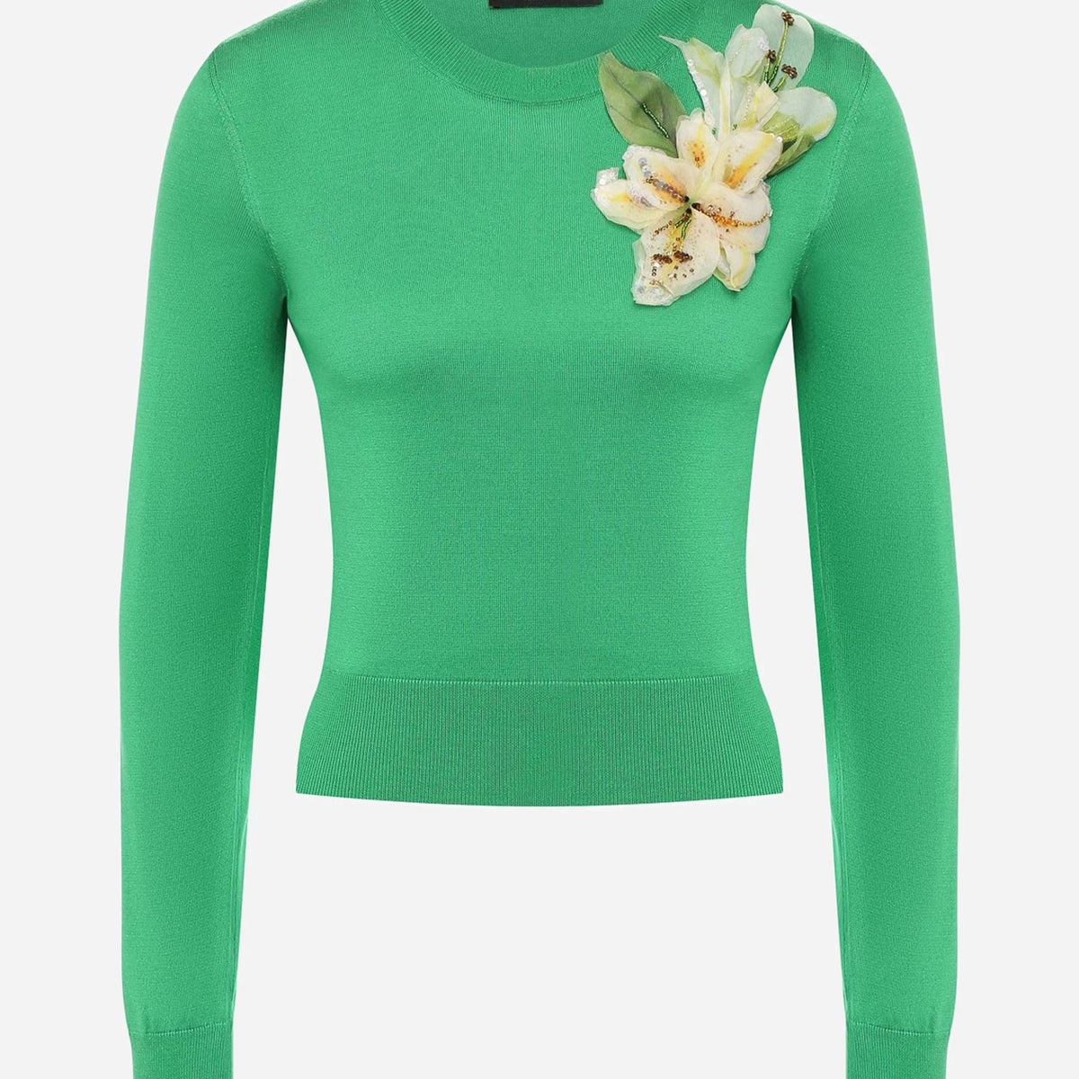 Dolce & Gabbana Green Floral-Appliqué Silk Sweater | Sendegaro Dolce & Gabbana Green Floral-Appliqué Silk Sweater | Sendegaro