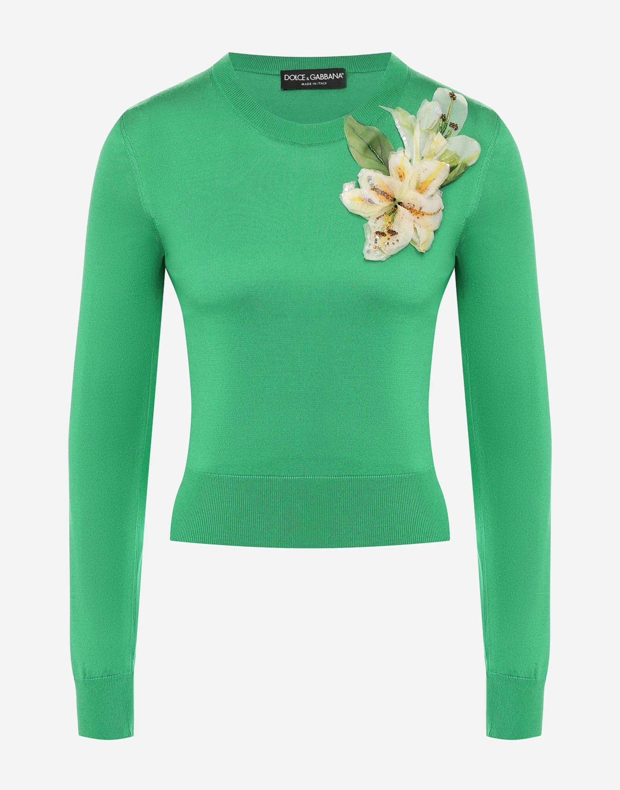 Dolce & Gabbana Green Floral-Appliqué Silk Sweater
