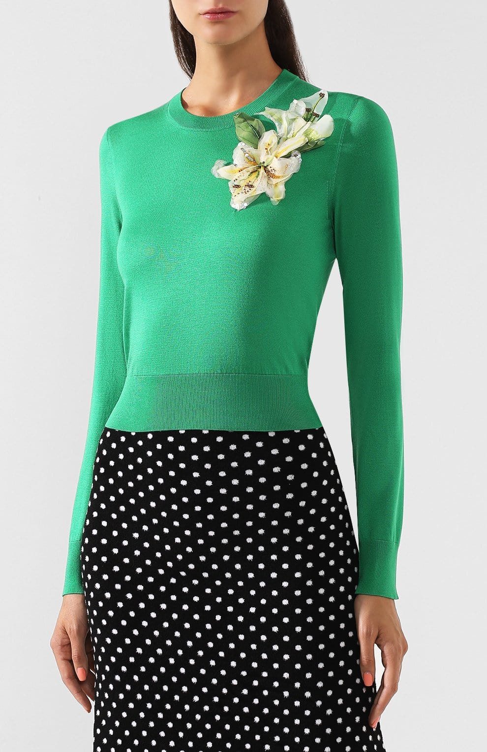 Dolce & Gabbana Green Floral-Appliqué Silk Sweater
