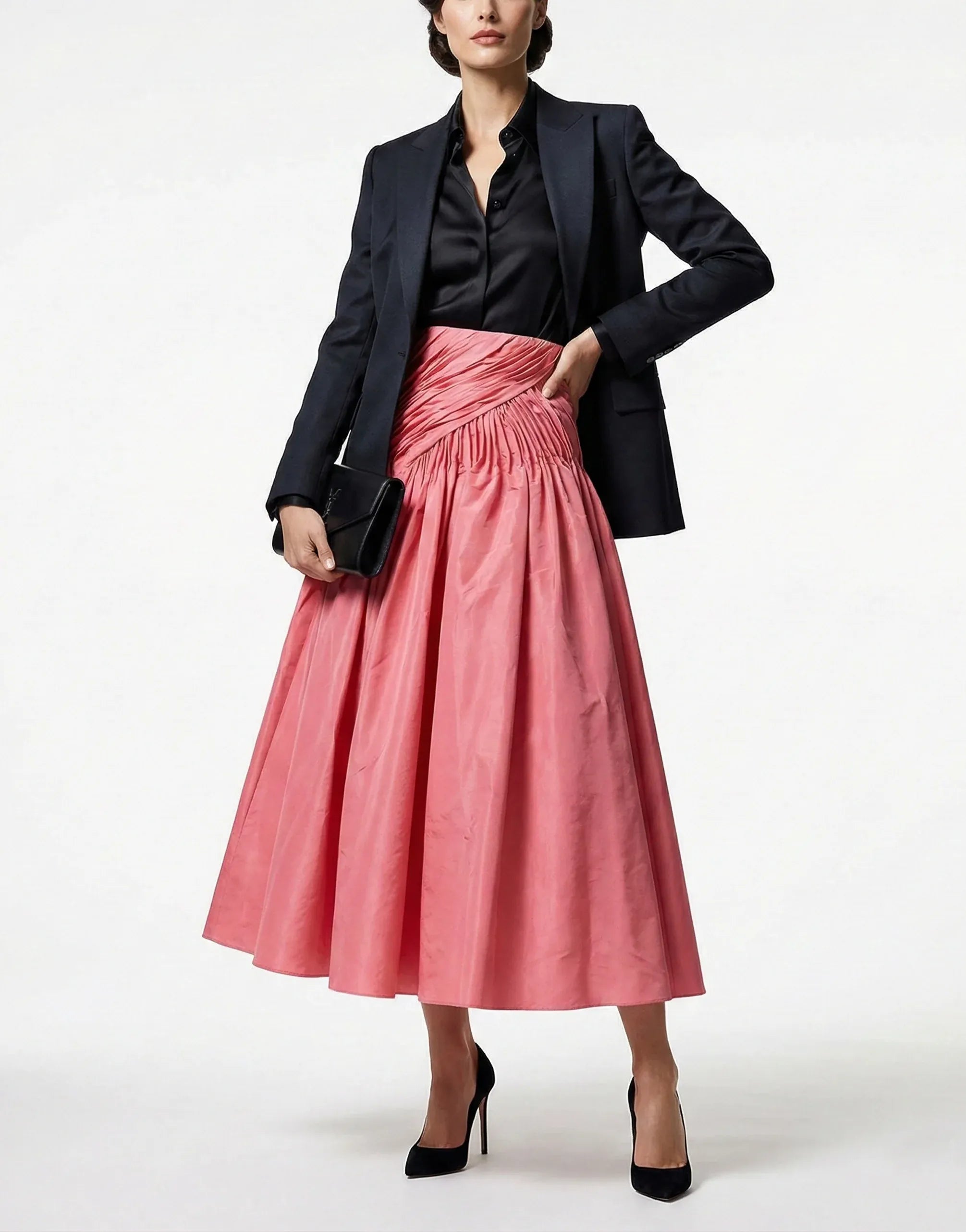 Dolce & Gabbana High-Waist Ruched A-Line Silk Midi Skirt
