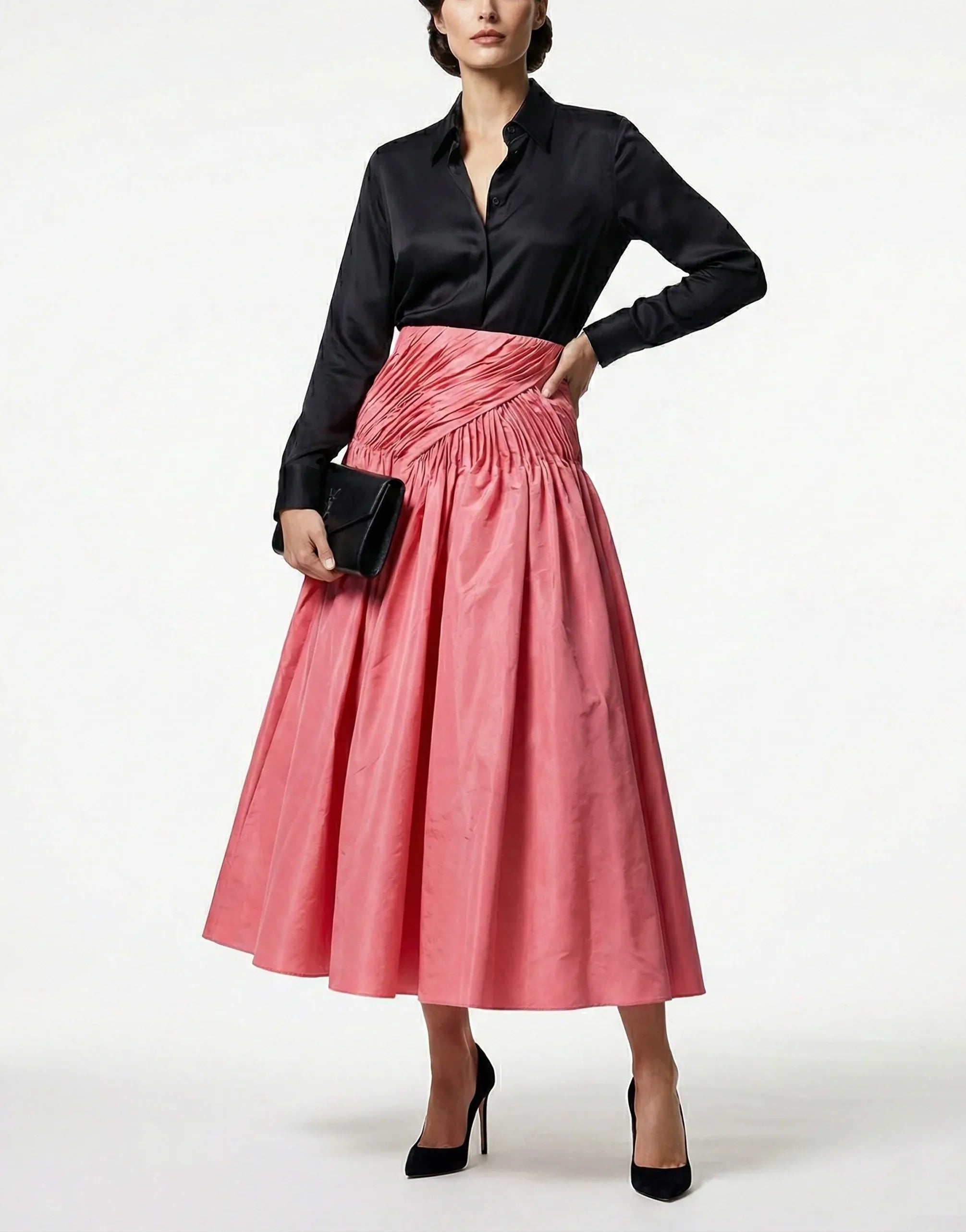 Dolce & Gabbana High-Waist Ruched A-Line Silk Midi Skirt