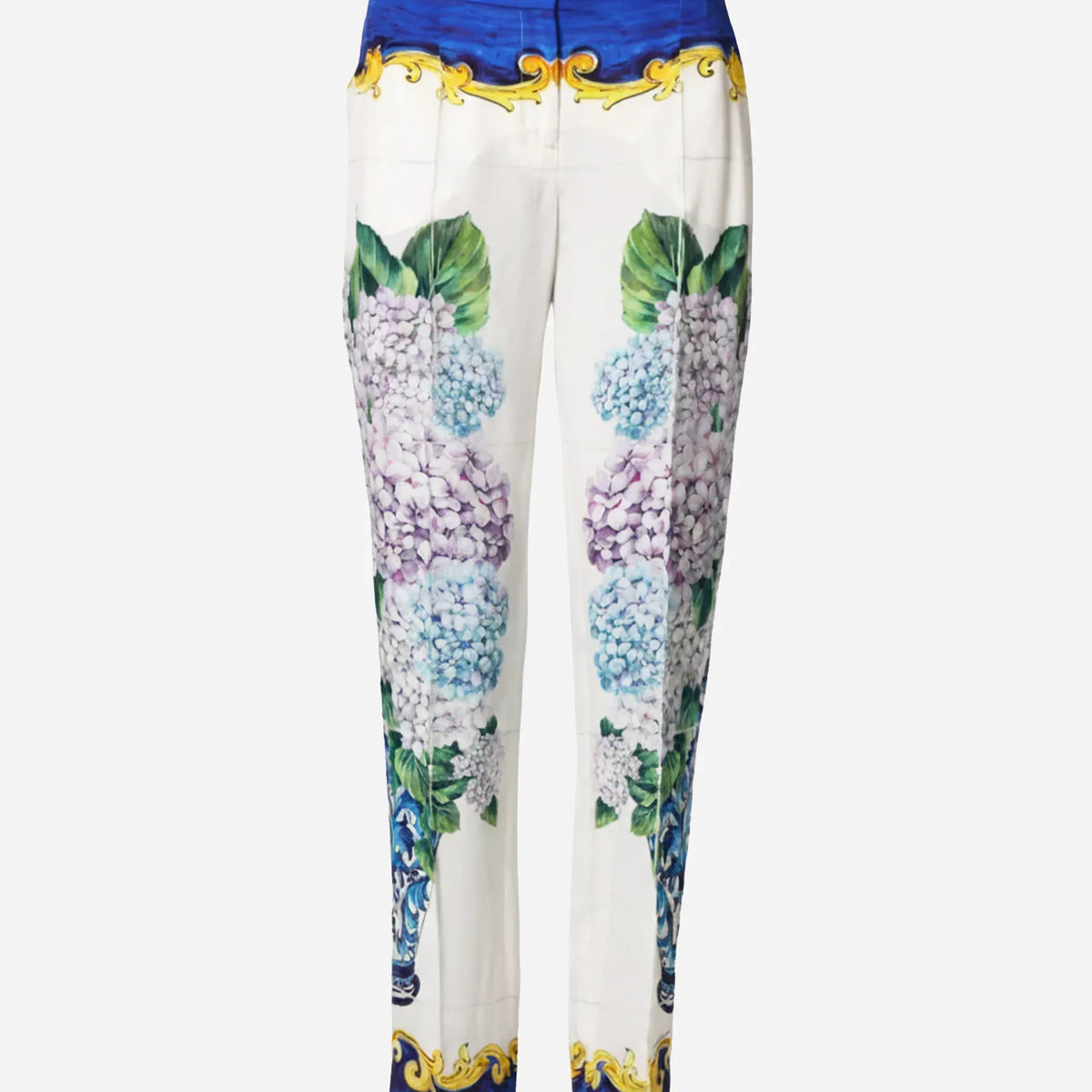 タグ付き　ドルチェアンドガッバーナ (38) 総柄パンツ　光沢感　シルク混 Dolce & Gabbana アジサイプリント シルクパンツ | Sendegaro US