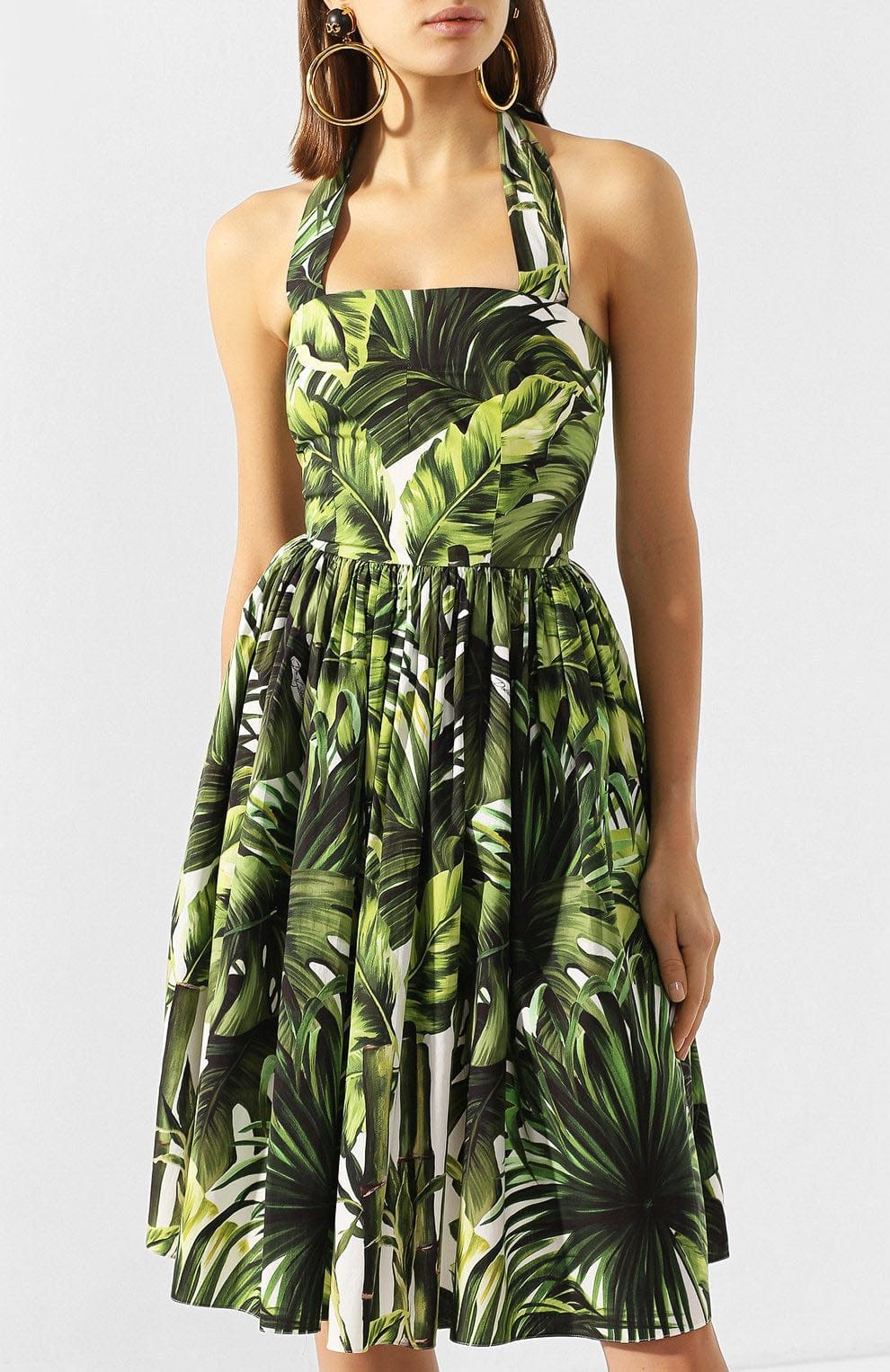 Dolce & Gabbana Green Leaves Print Cotton Halter Midi Dress