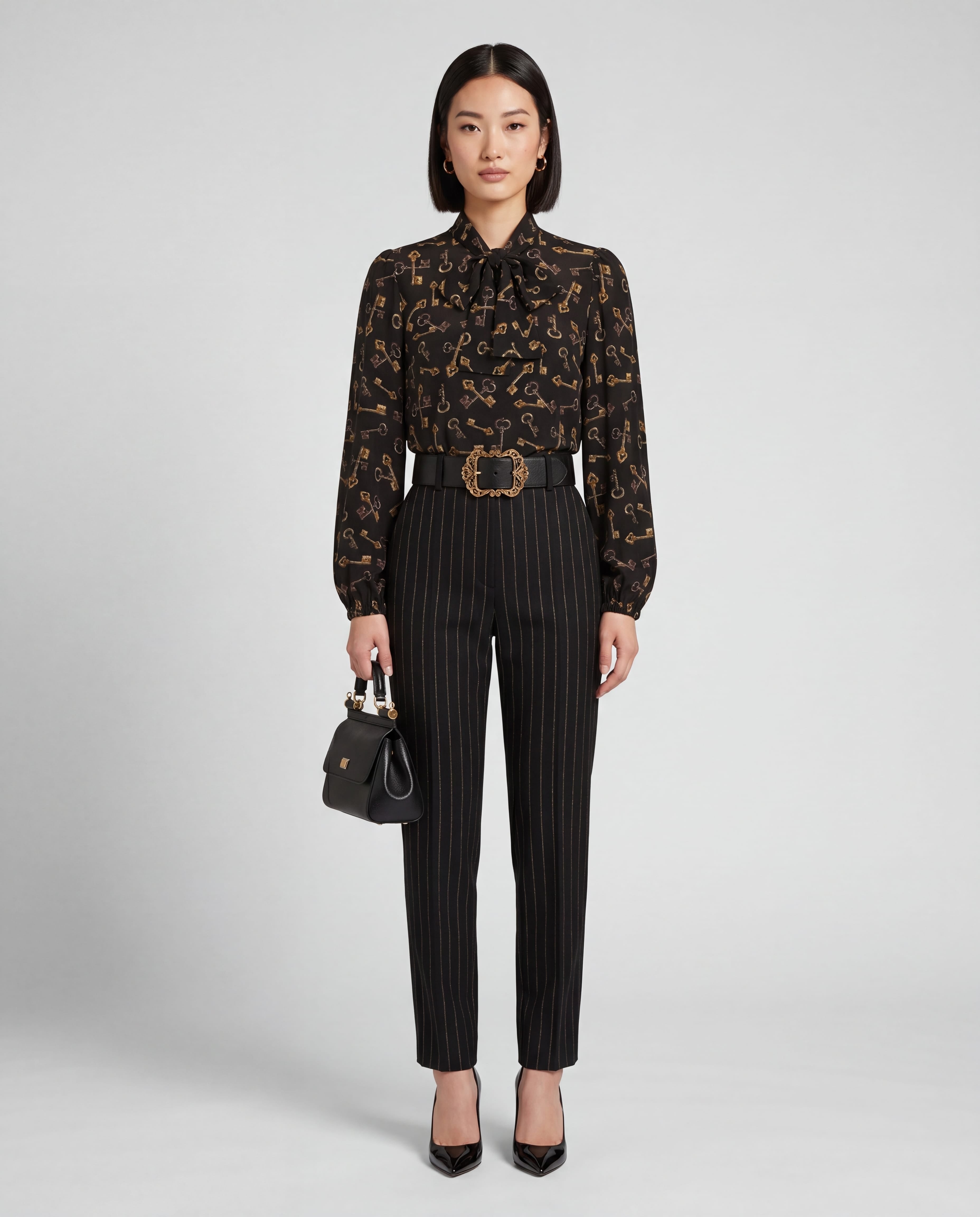 Dolce & Gabbana 키 프린트 실크 보우 넥 블라우스 - alternate view