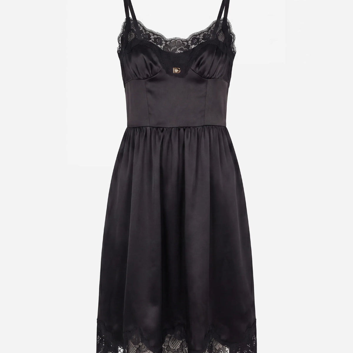 Dolce & Gabbana レーストリムサテンスリップドレス ブラック DGロゴ