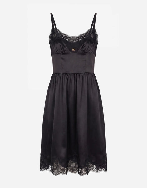 Dolce & Gabbana Lace Trim Satin Slip Dress Black with DG Logo Plaque | Sendegaro RO Dolce & Gabbana Lace Trim Satin Slip Dress Black with DG Logo Plaque | Sendegaro RO