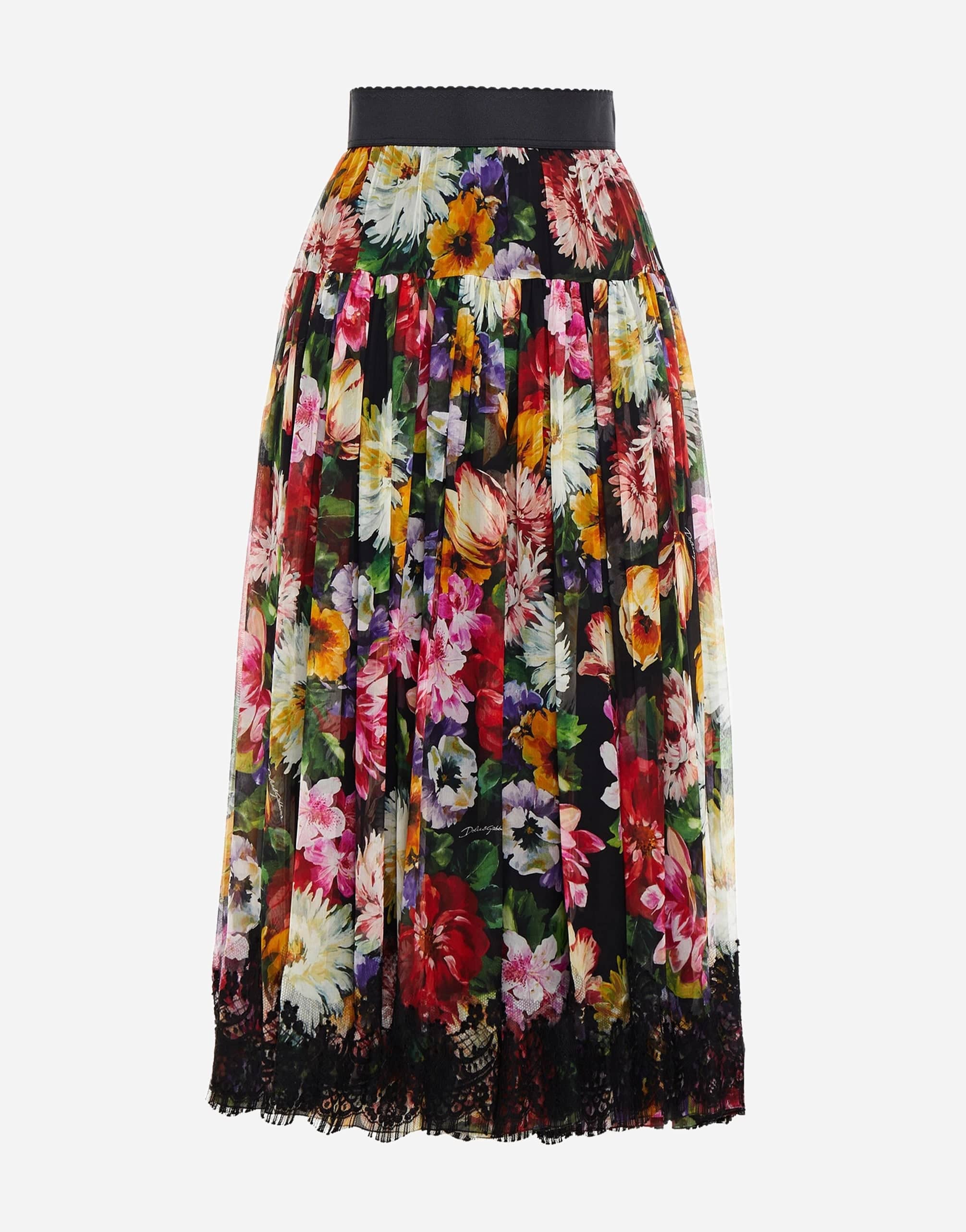 Lace-Trimmed Floral-Print Midi Skirt
