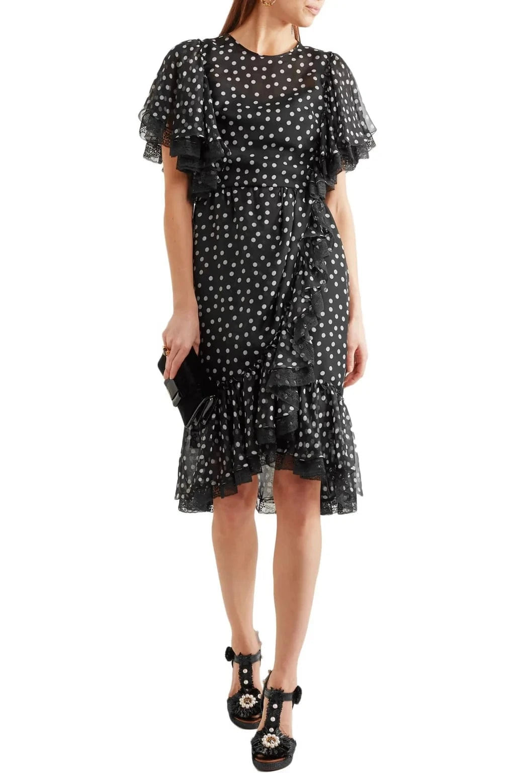 white christmas dresses Dolce & Gabbana Black White Lace Polka Dot Chiffon Dress