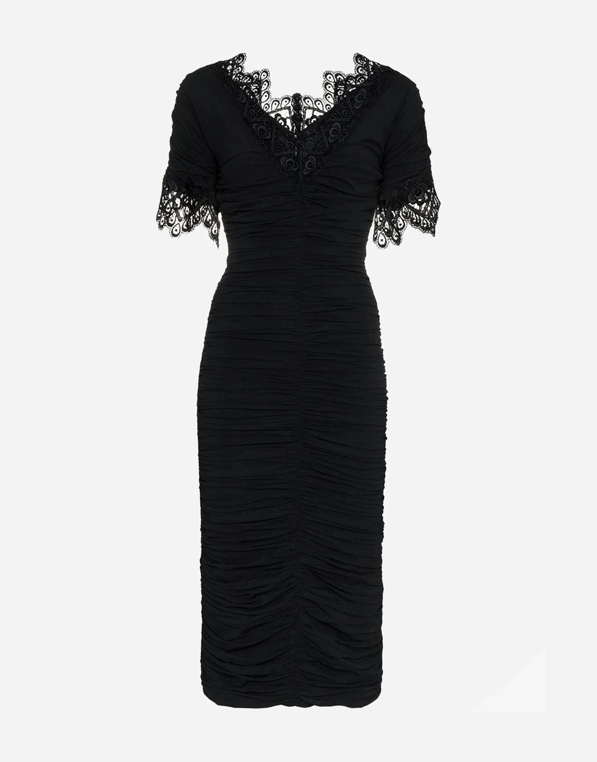 Dolce & Gabbana Lace Trimmed Ruched Silk Blend Georgette Dress