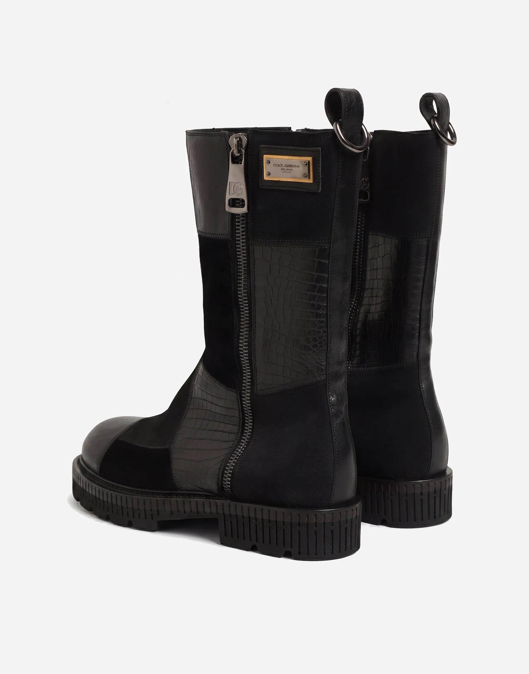 Dolce & Gabbana Dolce & Gabbana Leather Logo Combat Boots With Croc Panels