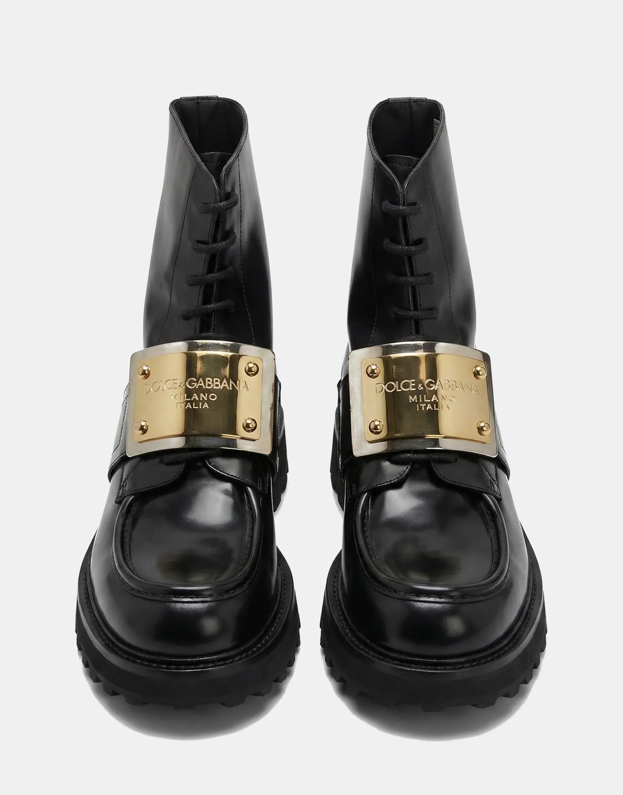 Dolce & Gabbana レザー ロゴプレート レースアップブーツ | Sendegaro JP
