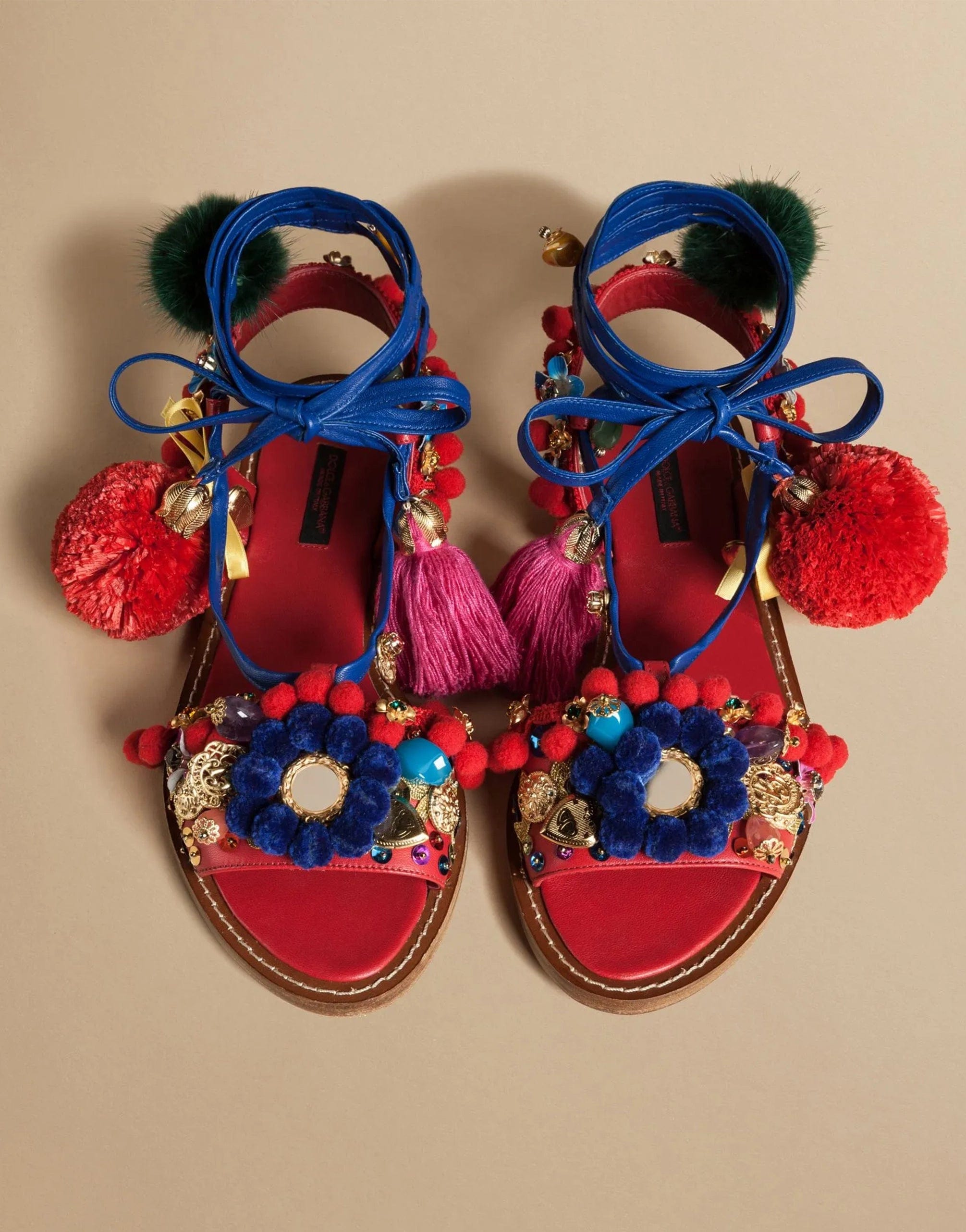 Dolce & Gabbana Leather Sandals With PomPoms