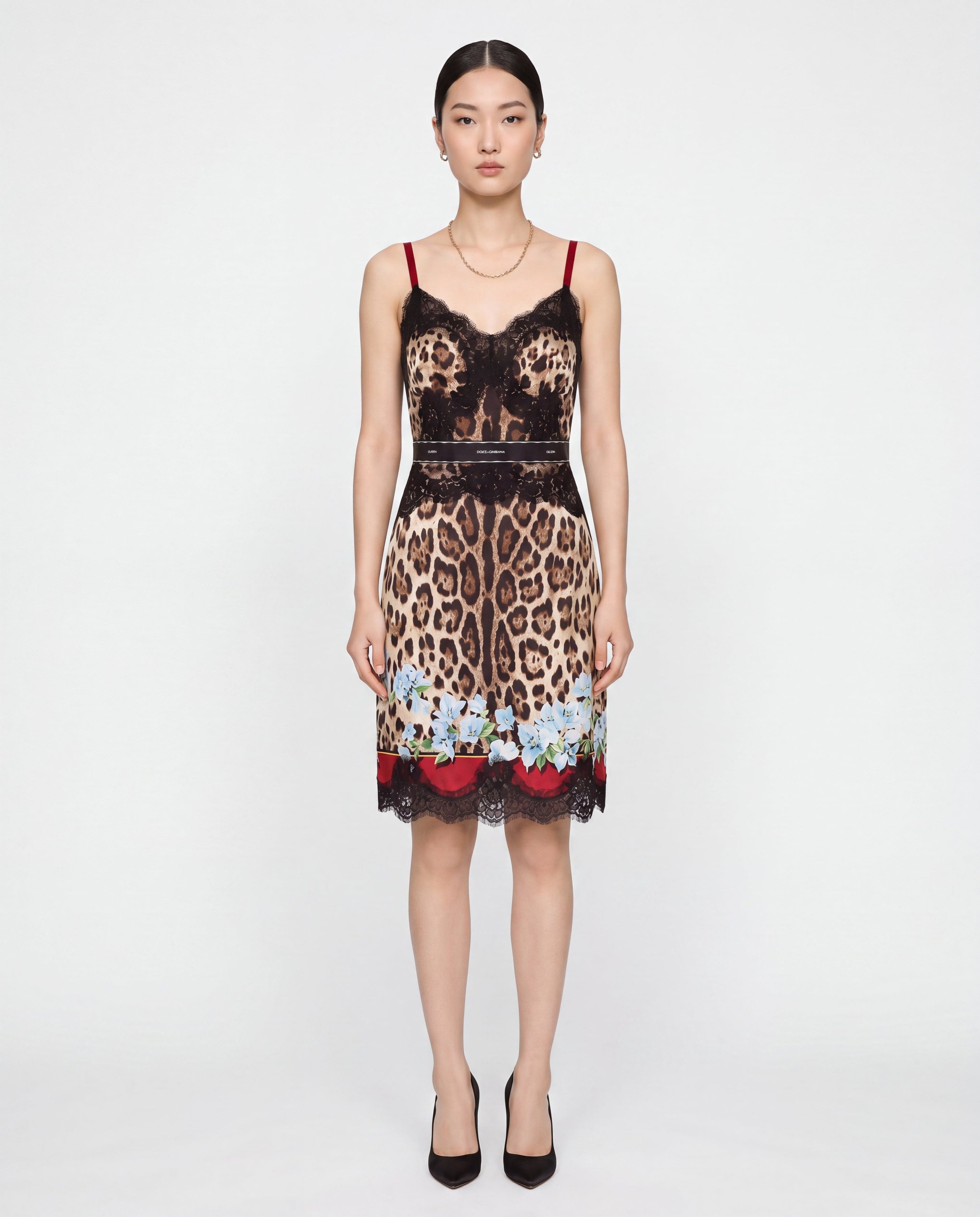 DOLCE&GABBANA ヒョウ柄レオパード柄 クロスデザイン キャミソール Dolce & Gabbana Leopard Floral Lace Slip Dress | Sendegaro
