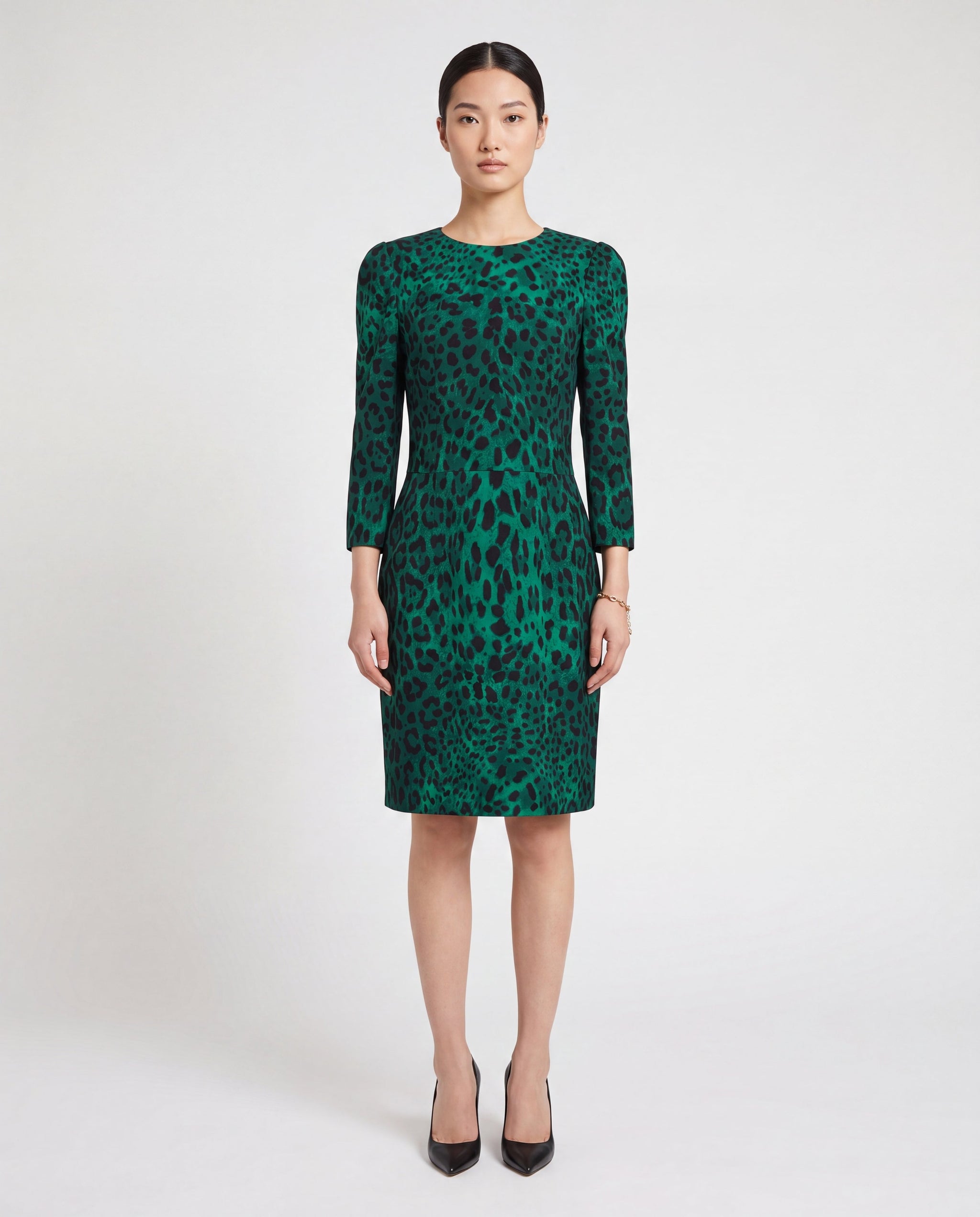 green leopard print midi dress Green & Black Animal Print Ruched Shoulder Midi Dress