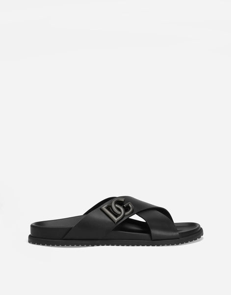 Dolce & Gabbana Logo Leather Black Sandals | Sendegaro