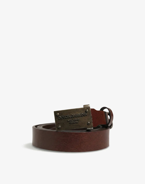 美品 ドルチェ&ガッバーナ ロゴプレート バックル ブラウンレザーベルト dolce-gabbana-logo-plaque-
