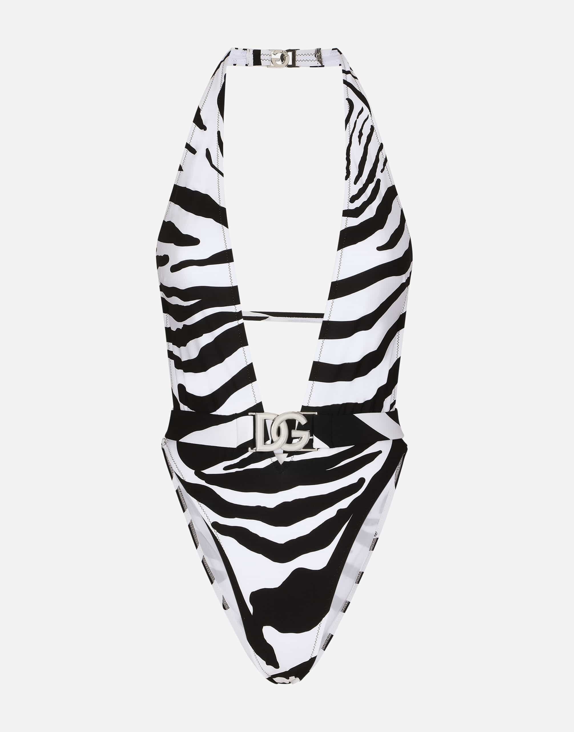 Dolce & Gabbana Logo Zebra-Print Halterneck Swimsuit