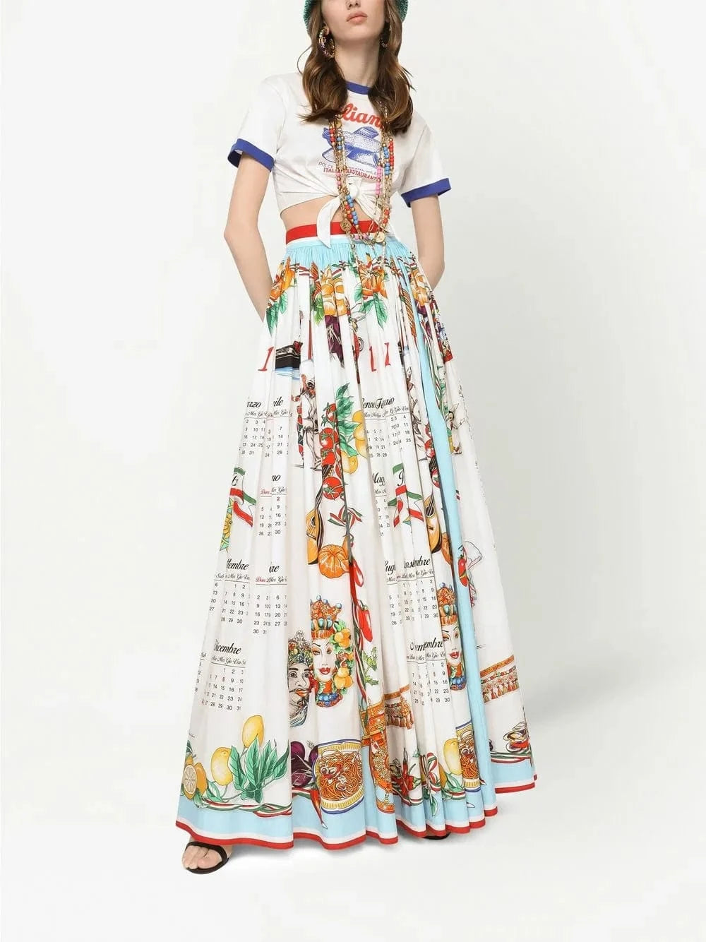 Dolce & Gabbana Long Calendar-Print Poplin Skirt