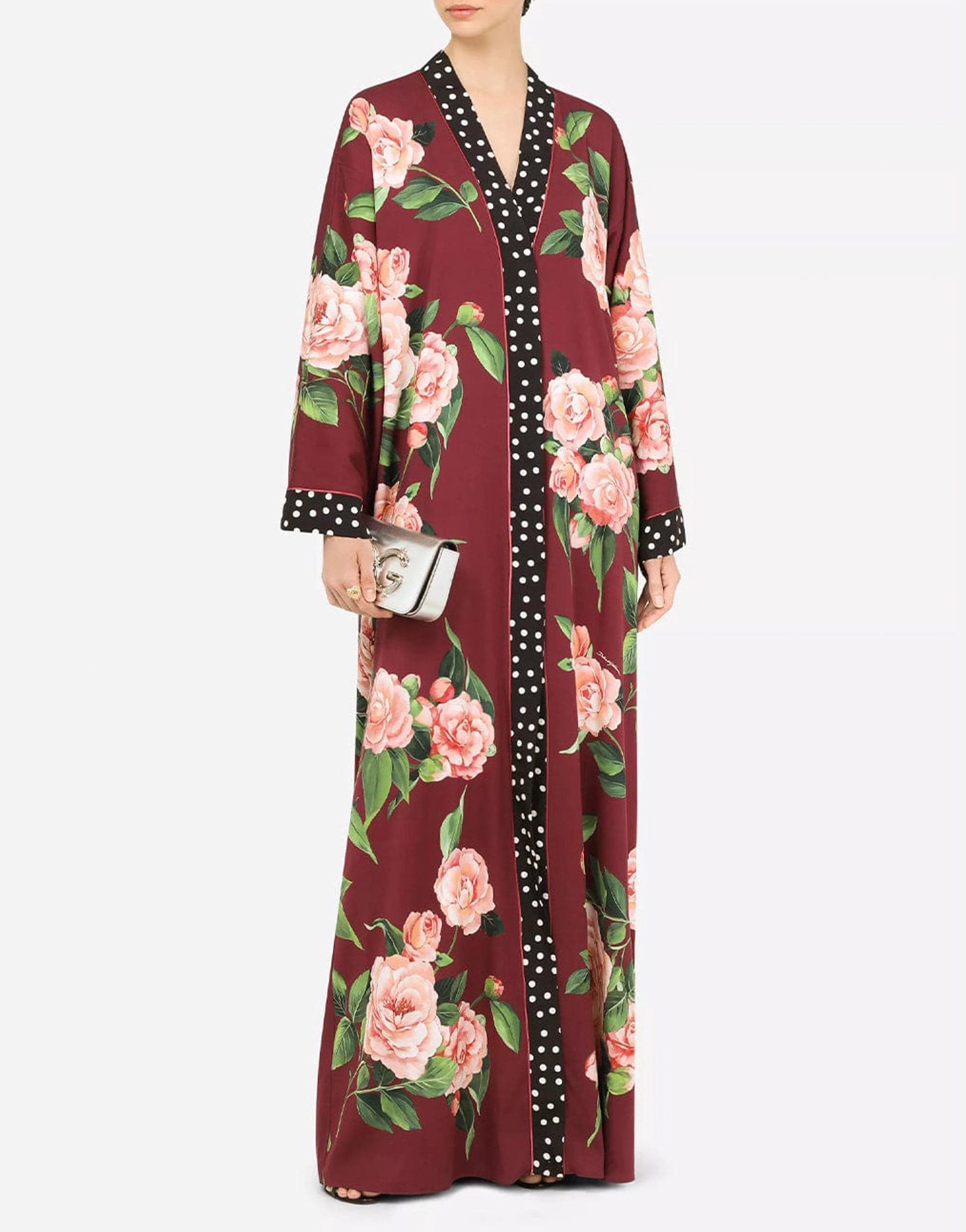 Dolce & Gabbana Long Camellia-Print Charmeuse Robe Dress