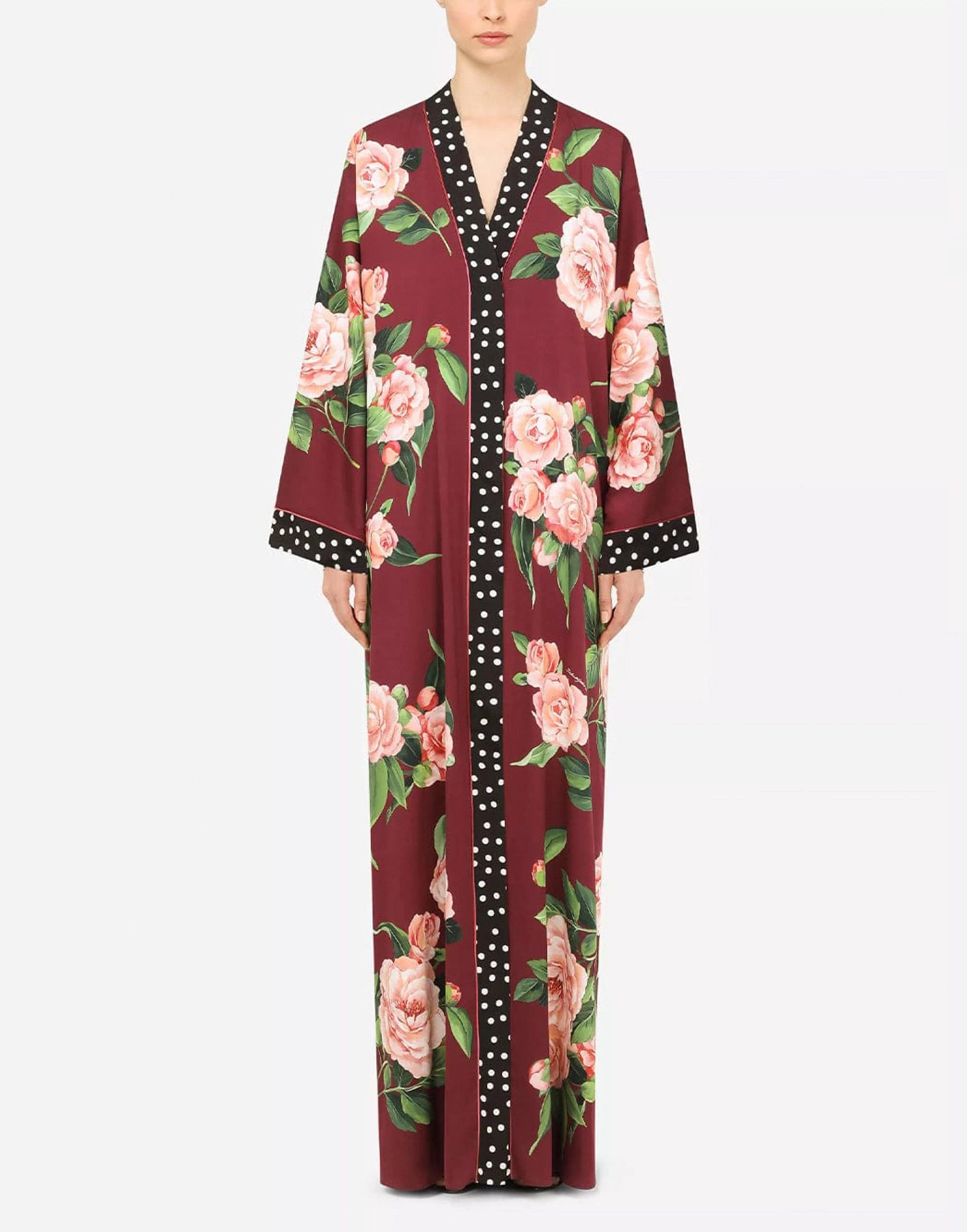 Dolce & Gabbana Long Camellia-Print Charmeuse Robe Dress