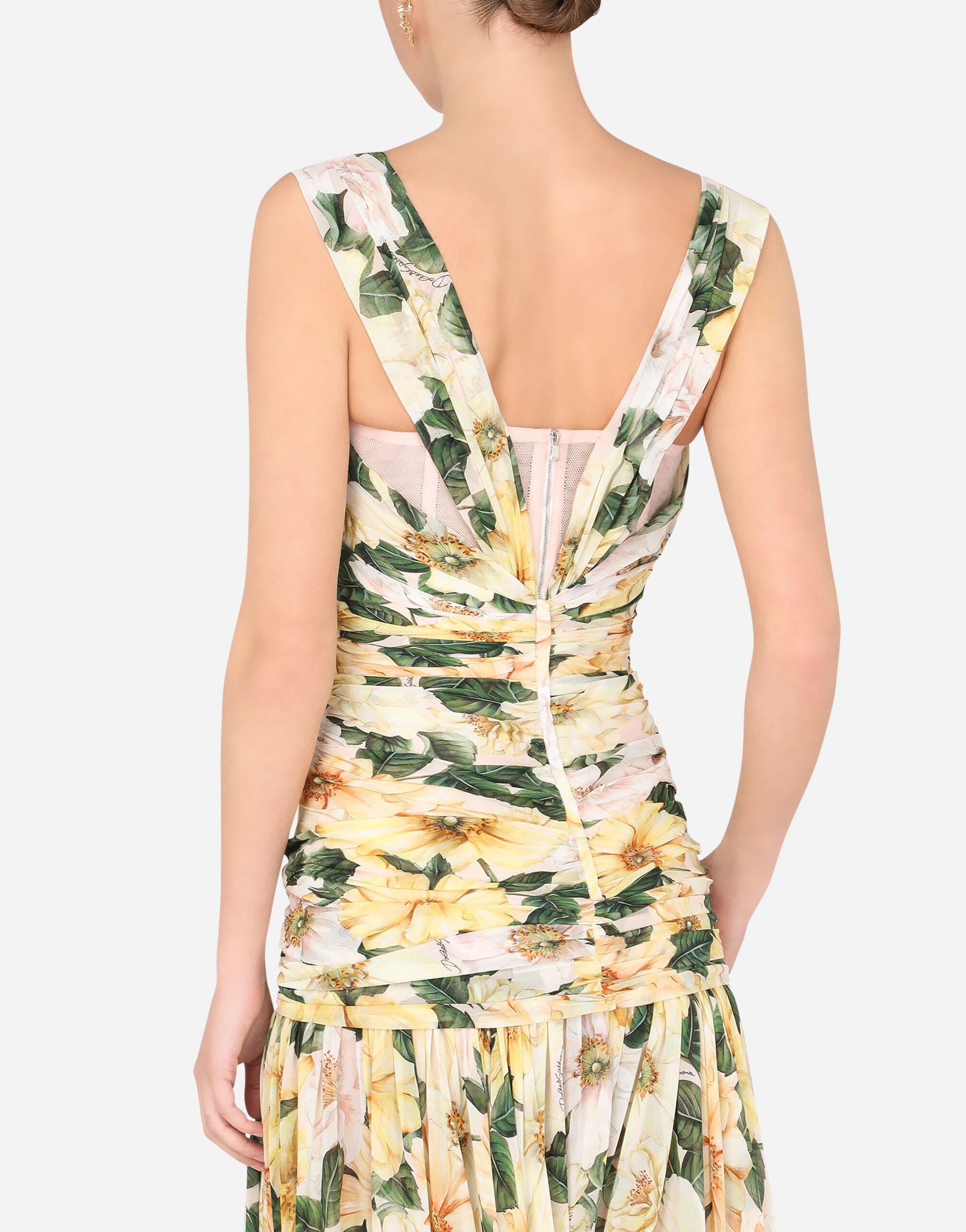 Dolce & Gabbana Long Camellia-print Georgette Dress With Draping