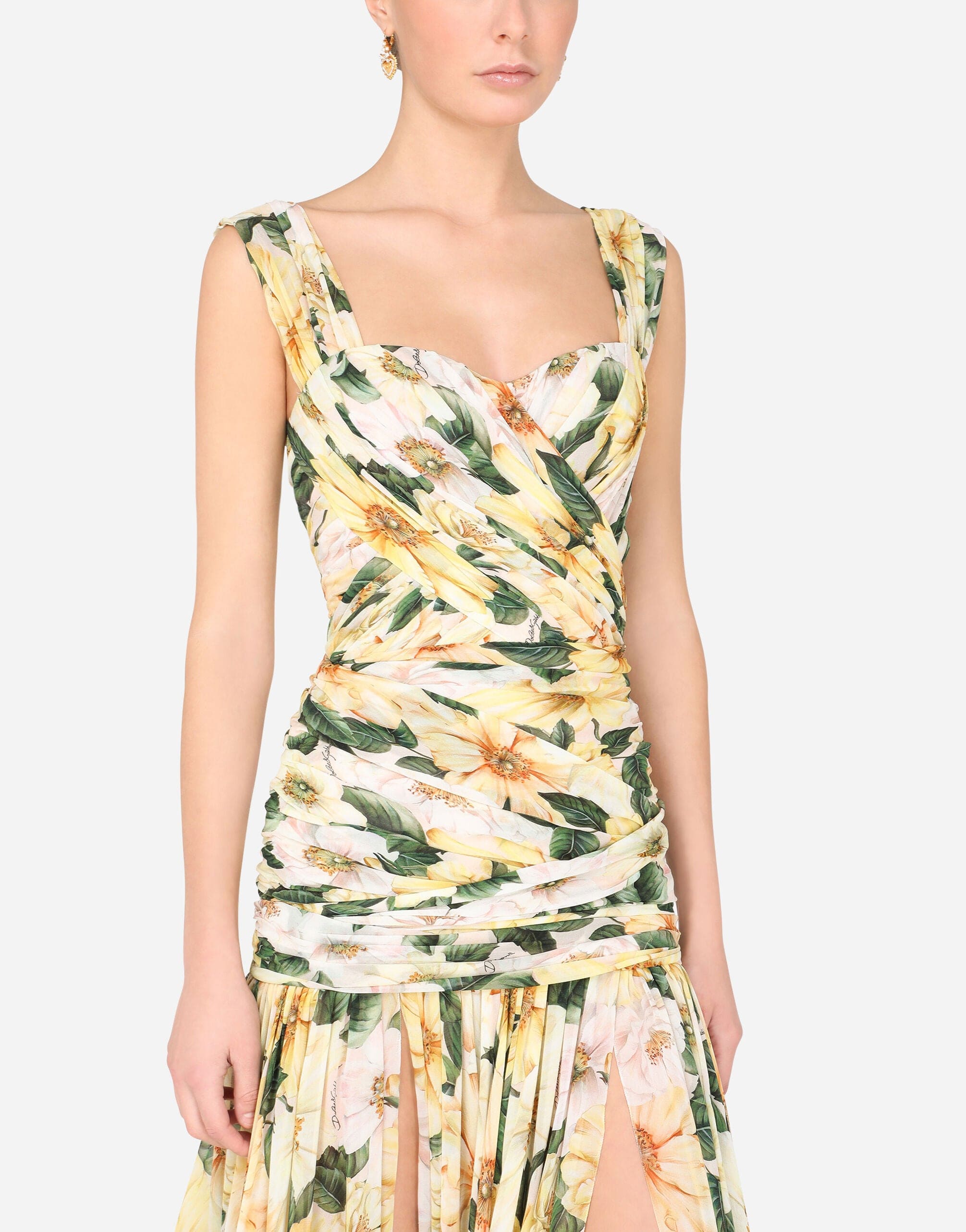 Dolce & Gabbana Long Camellia-print Georgette Dress With Draping