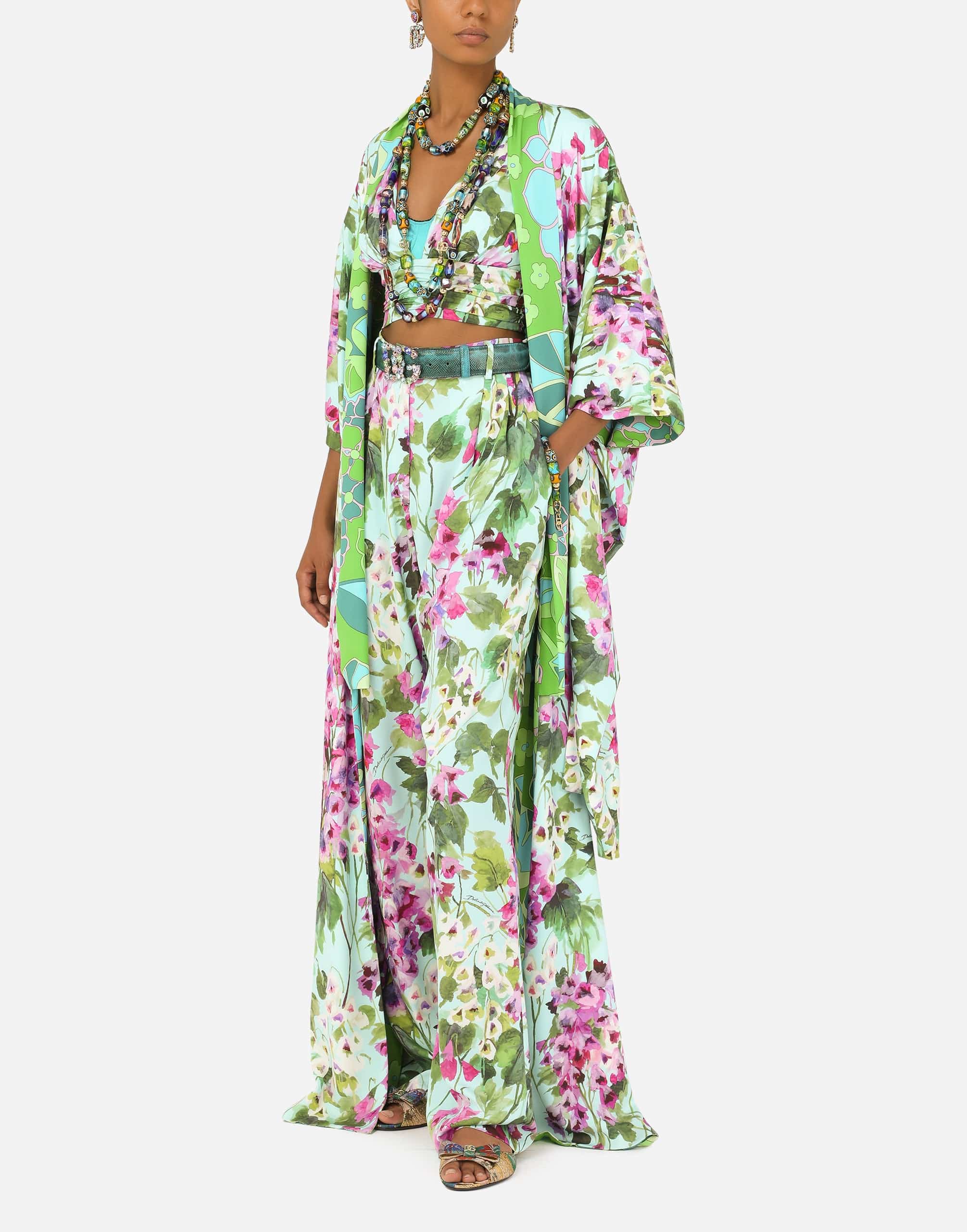 Long Charmeuse Caftan With Bluebell Print