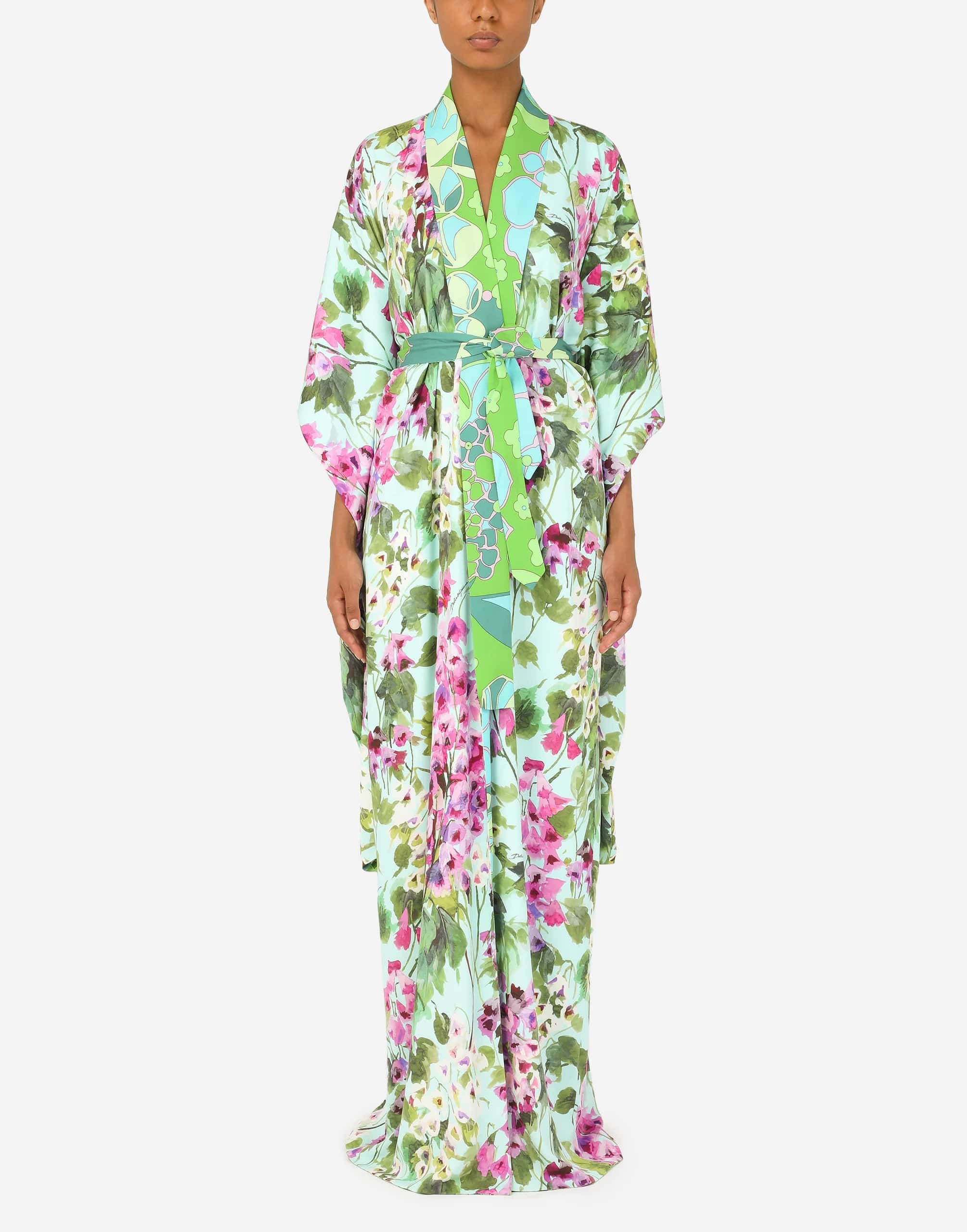 Long Charmeuse Caftan With Bluebell Print