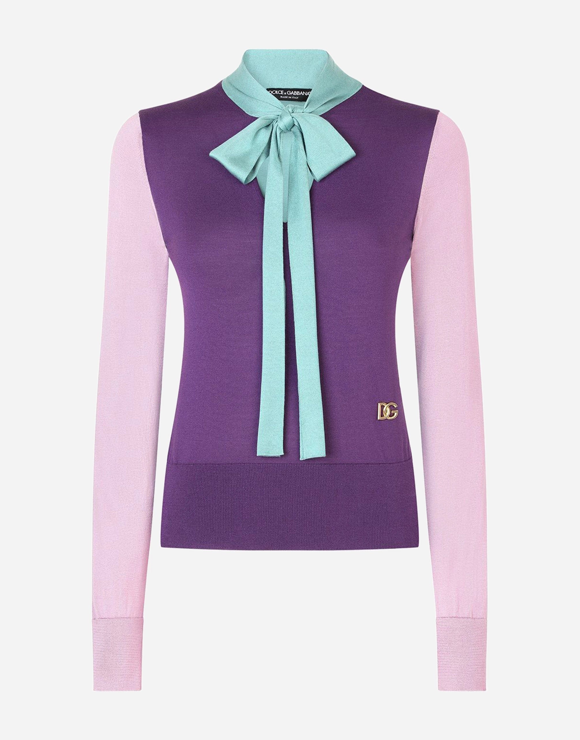 Long-sleeved Multi-Colored Pussy-Bow Silk Sweater