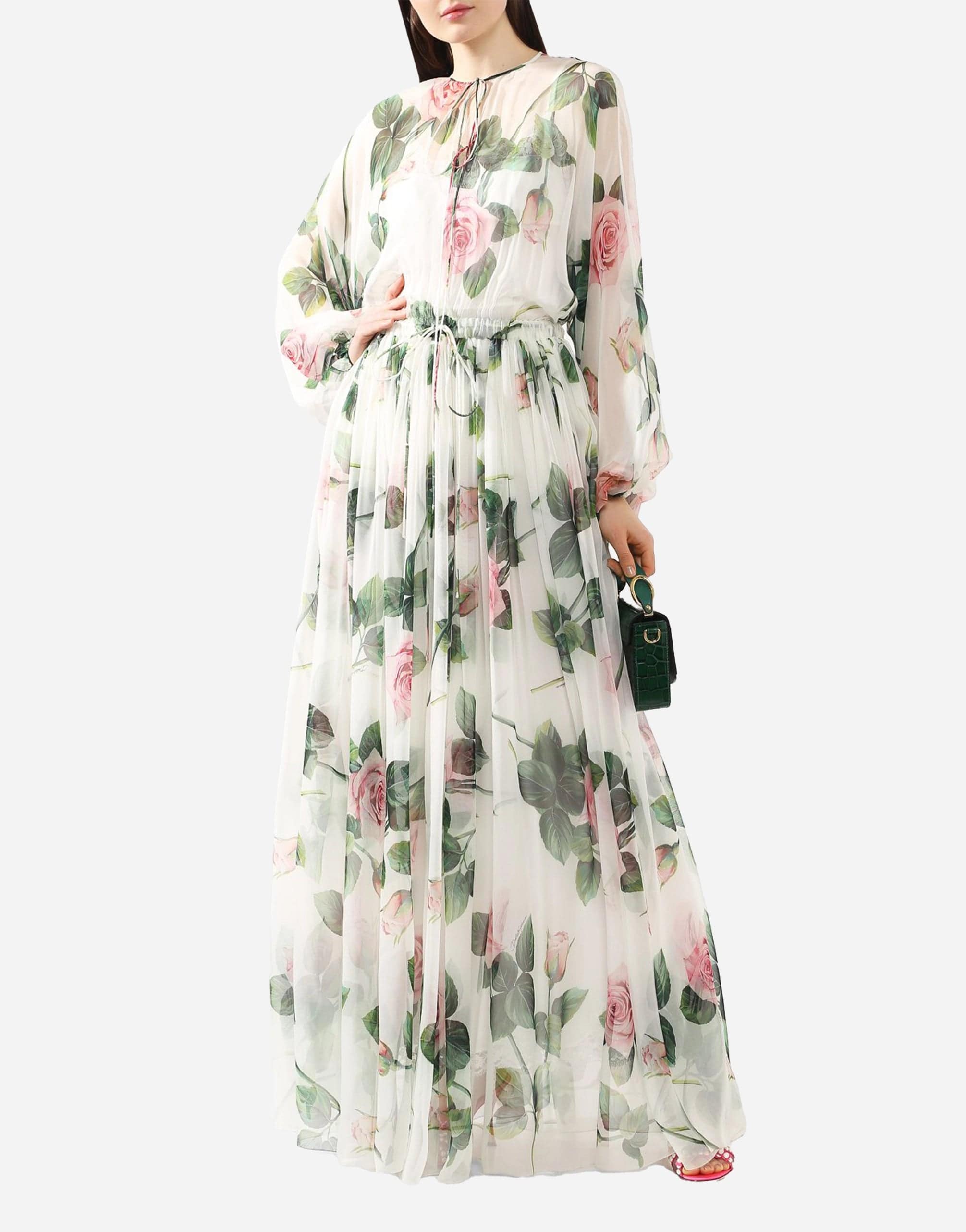Lange tropische rozenprint chiffon jurk