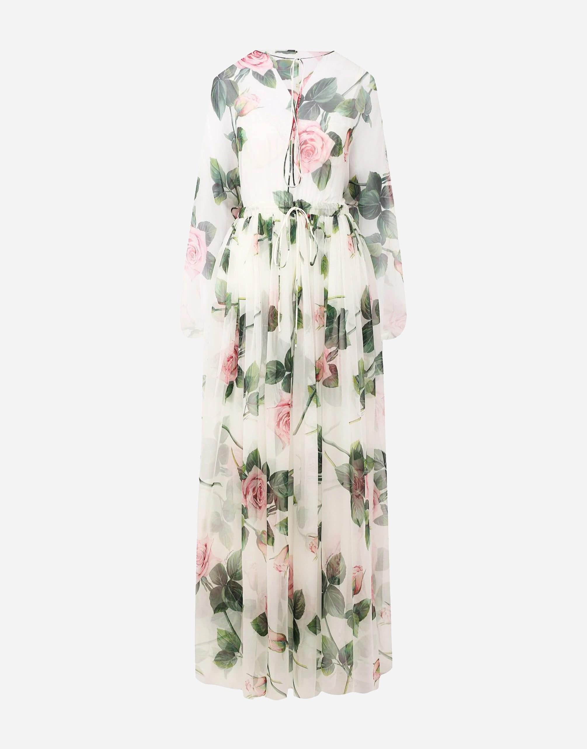 Lange tropische rozenprint chiffon jurk
