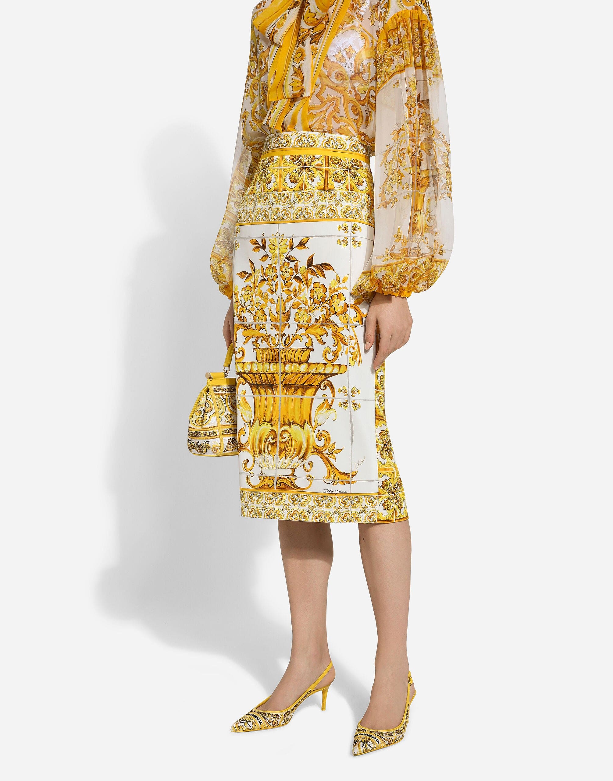 Dolce & Gabbana Majolica-Print Silk Charmeuse Calf-Length Skirt