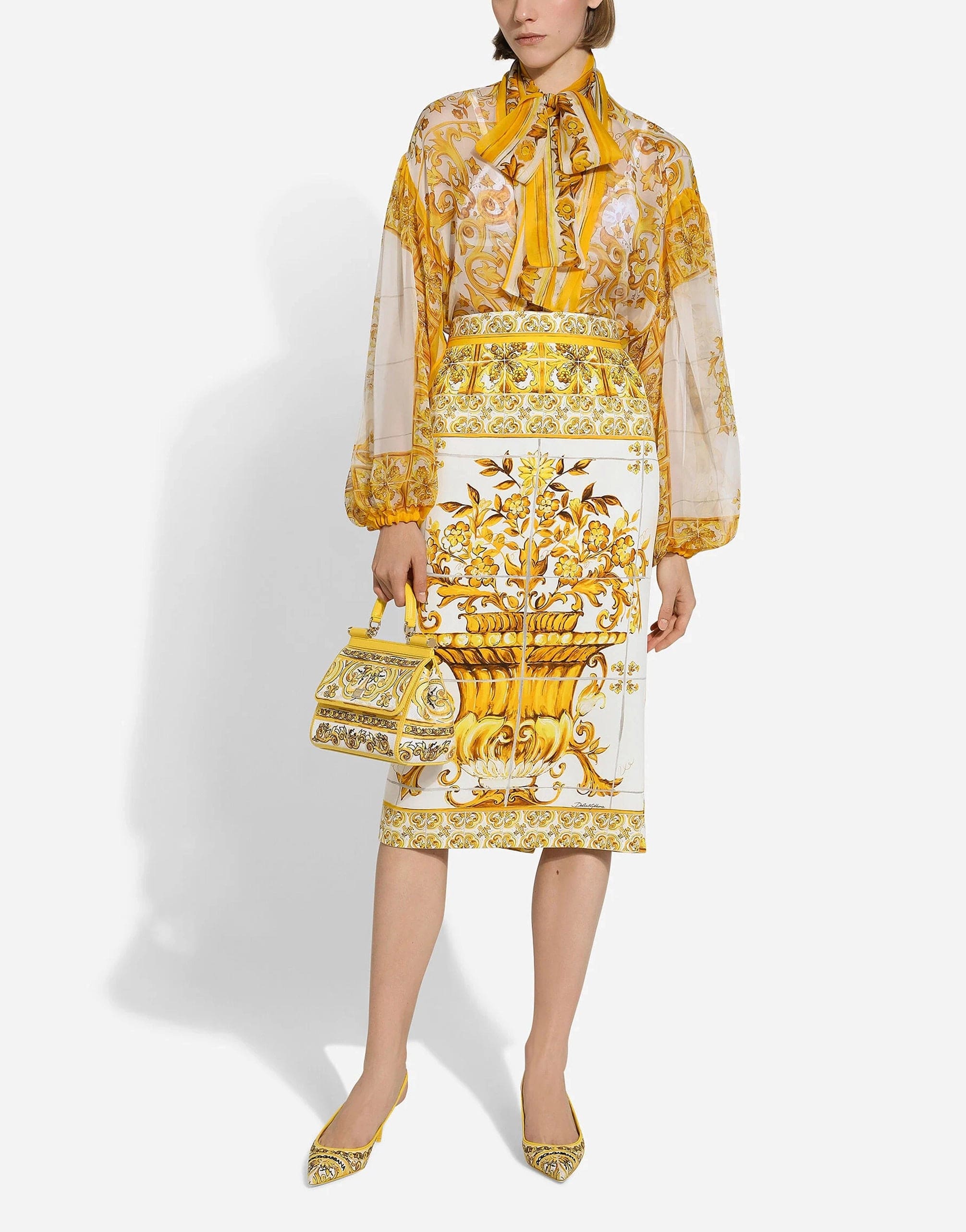 Dolce & Gabbana Majolica-Print Silk Charmeuse Calf-Length Skirt