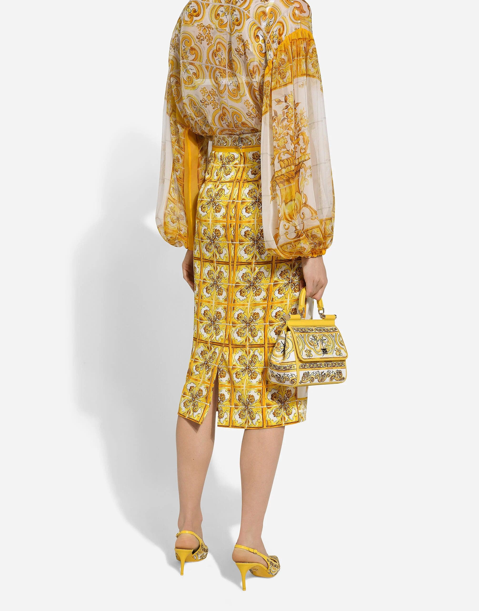 Dolce & Gabbana Majolica-Print Silk Charmeuse Calf-Length Skirt