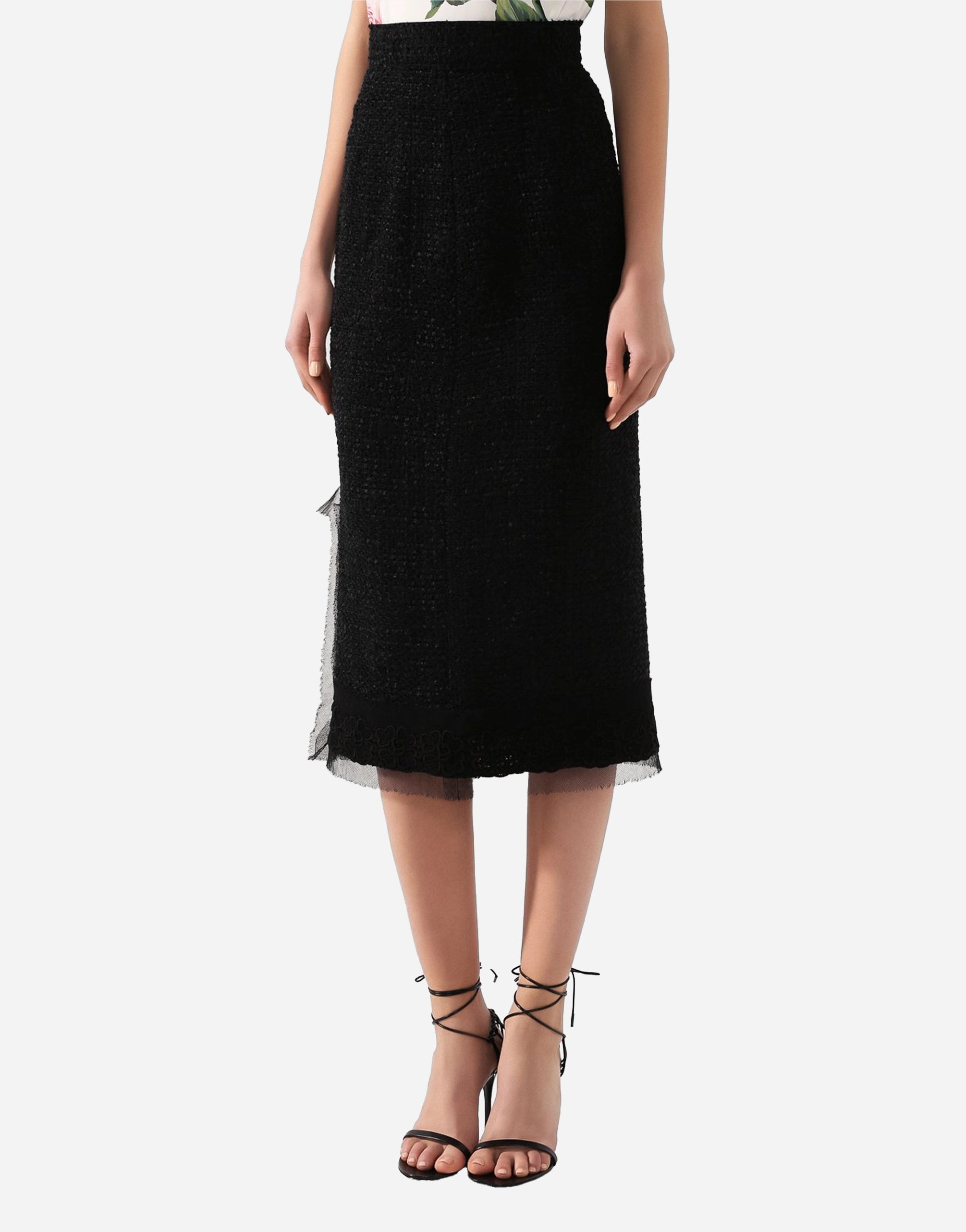 Dolce & Gabbana Mesh And Guipure Lace-Trimmed Tweed Midi Skirt