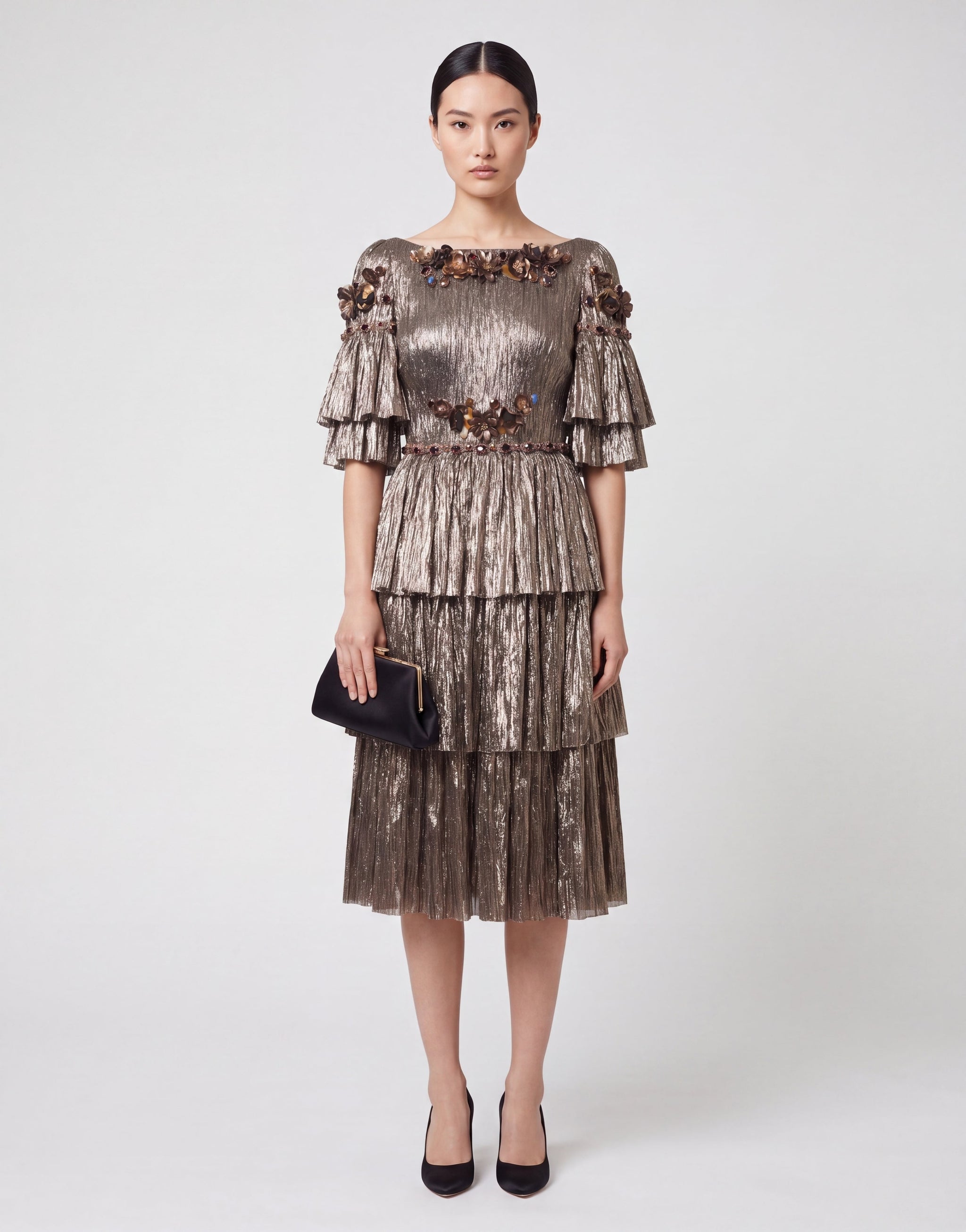 Dolce & Gabbana Metallic Gold Embellished Tiered Midi Dress