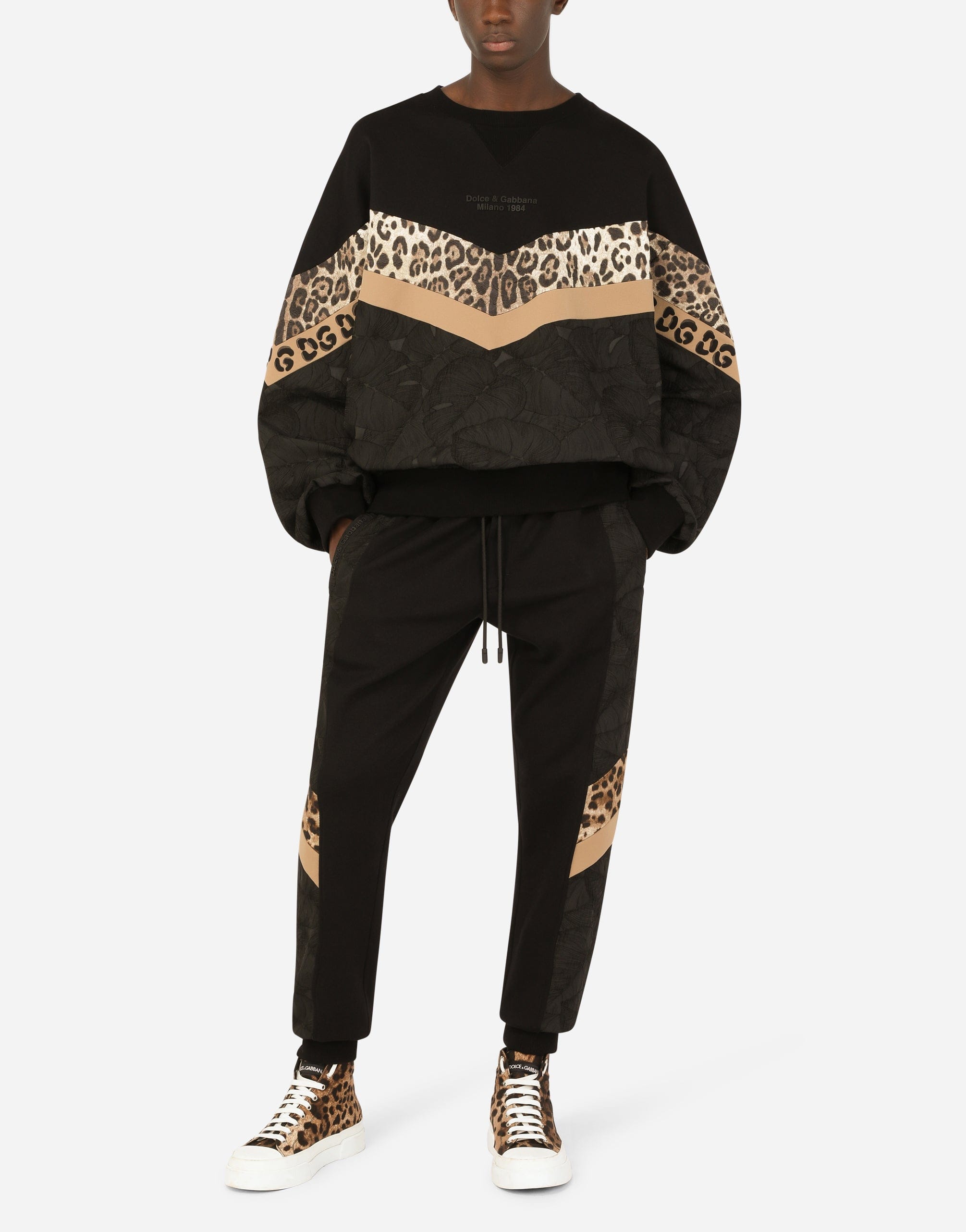Dolce & Gabbana Mixed-Fabric Jogging Pants With Patch In Animal Print