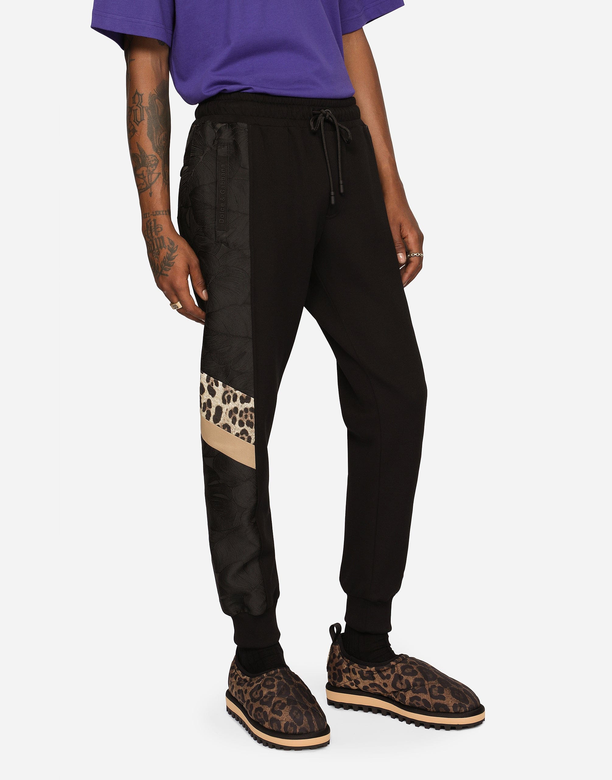 Mixed-Fabric Jogging Pants With Patch In Animal Print