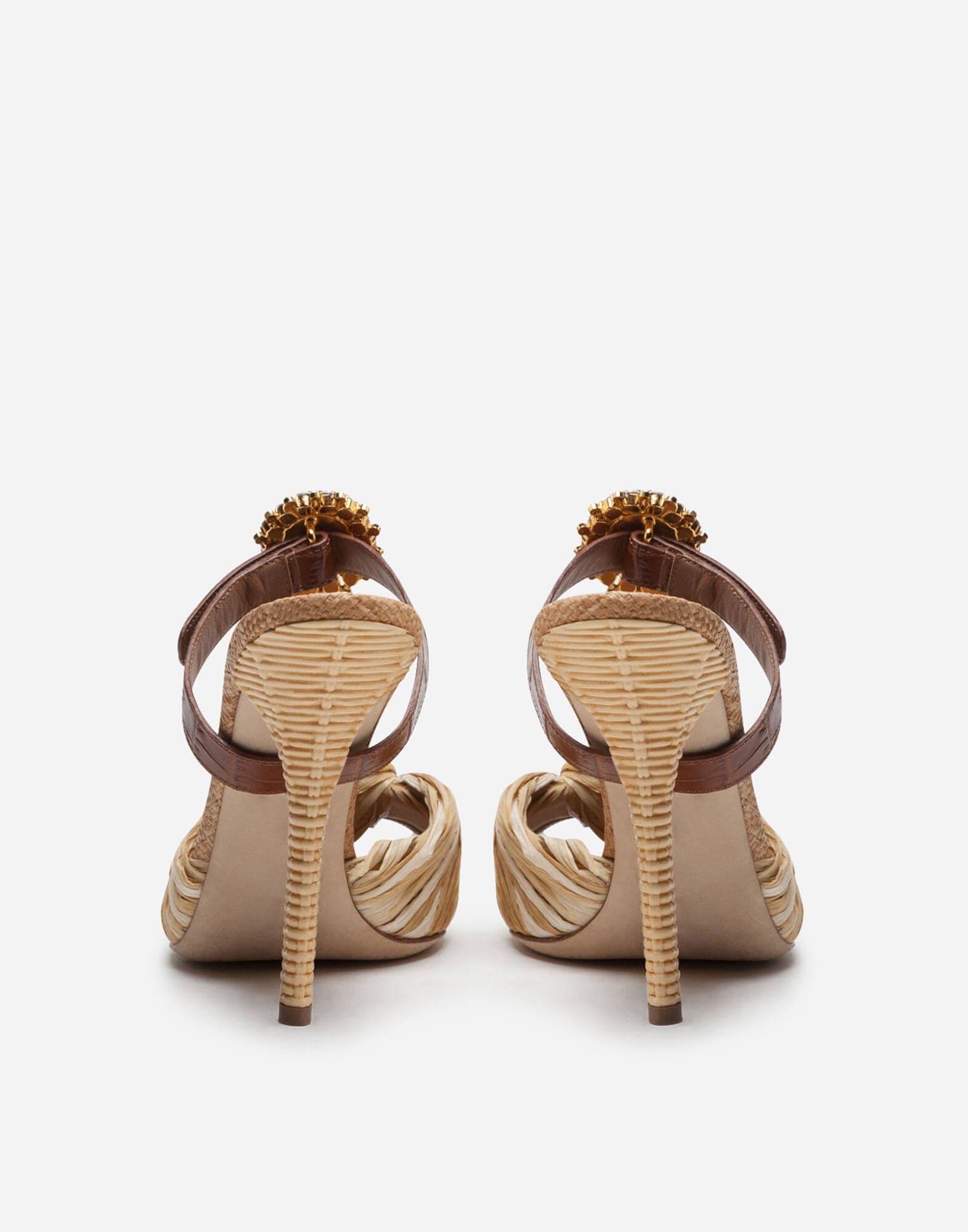 Dolce & Gabbana Mules In Tropea Straw And Calfskin With Bejeweled Buckle