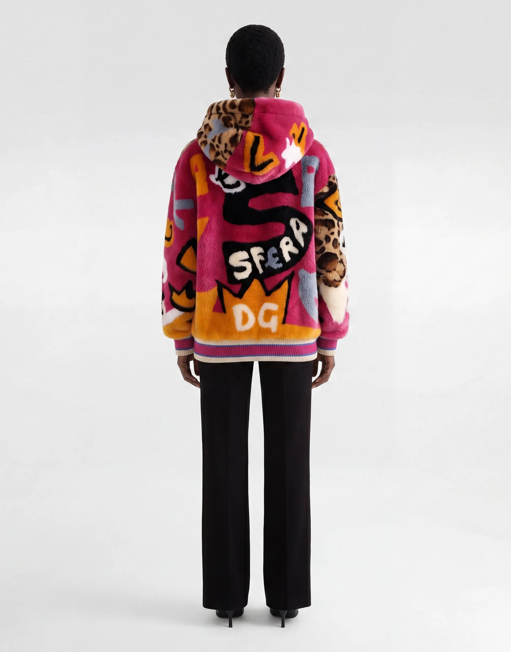 Dolce & Gabbana Multicolor Faux Fur Hoodie Jacket with Graphic Motif