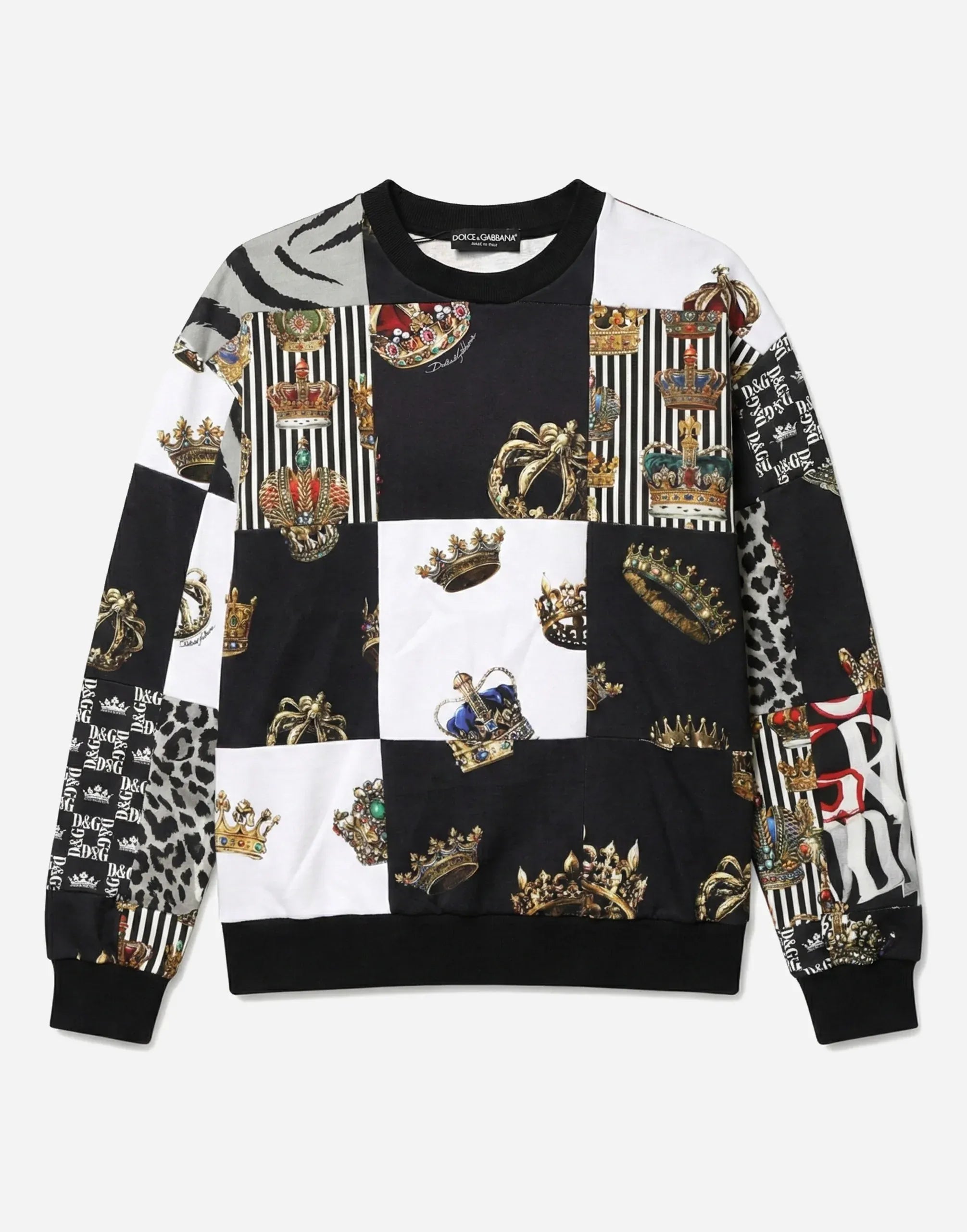 Dolce & Gabbana Multicolor Patchwork Crown Print Cotton Sweatshirt
