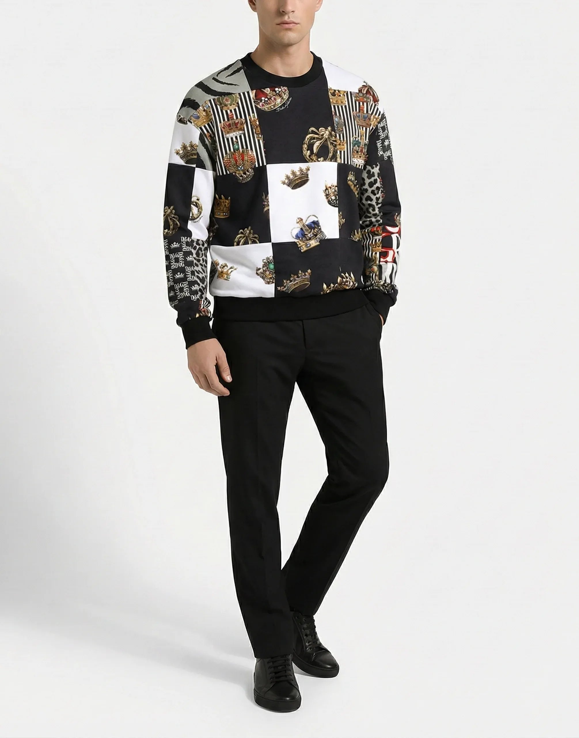 Dolce & Gabbana Multicolor Patchwork Crown Print Cotton Sweatshirt