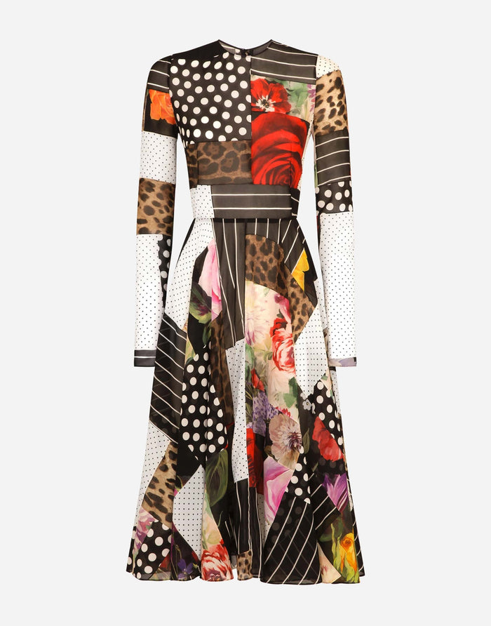 Dolce & Gabbana Multicolor Pachwork Midi Floral Silk Leopard Bodycon Dress